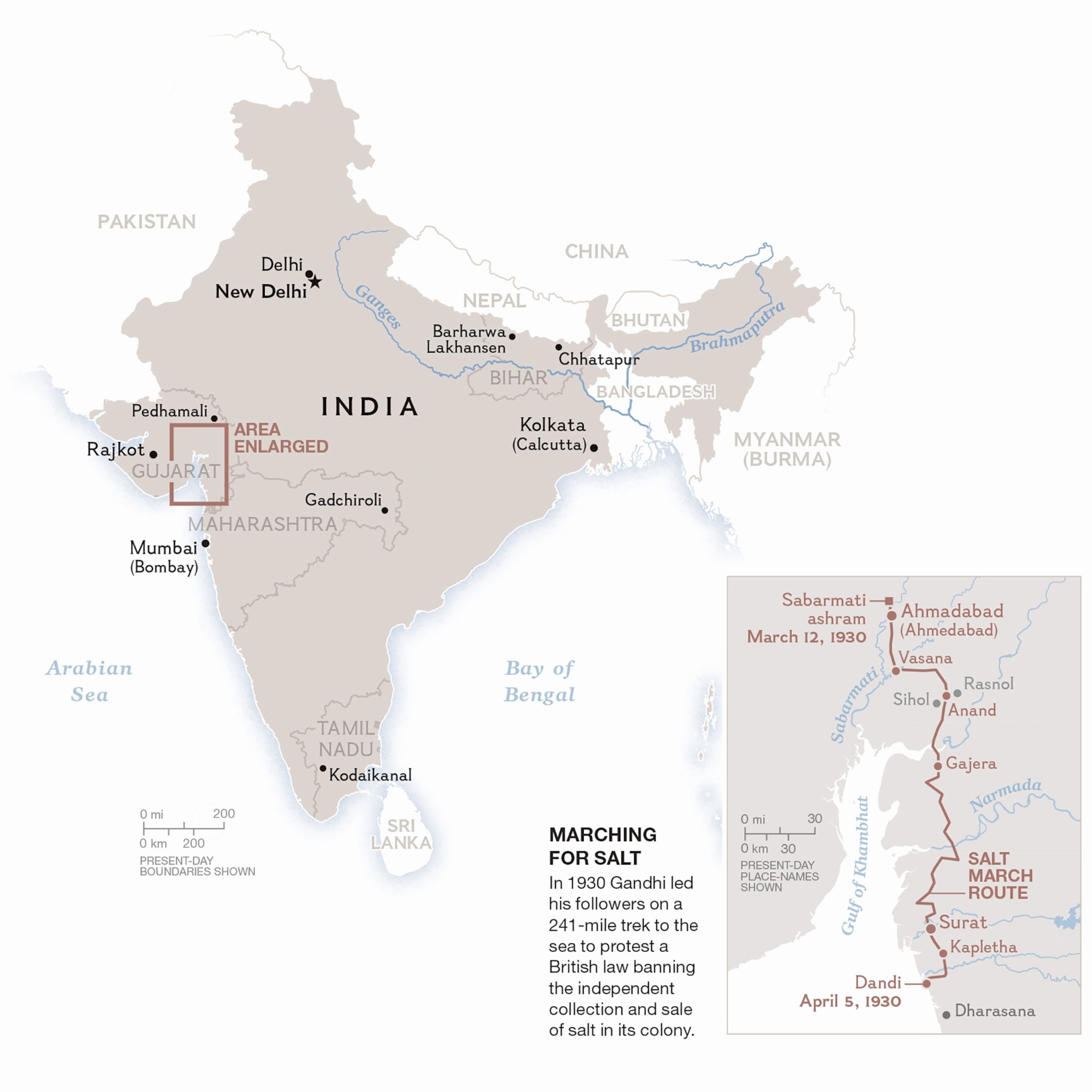 A map of the salt march led by gandhi
