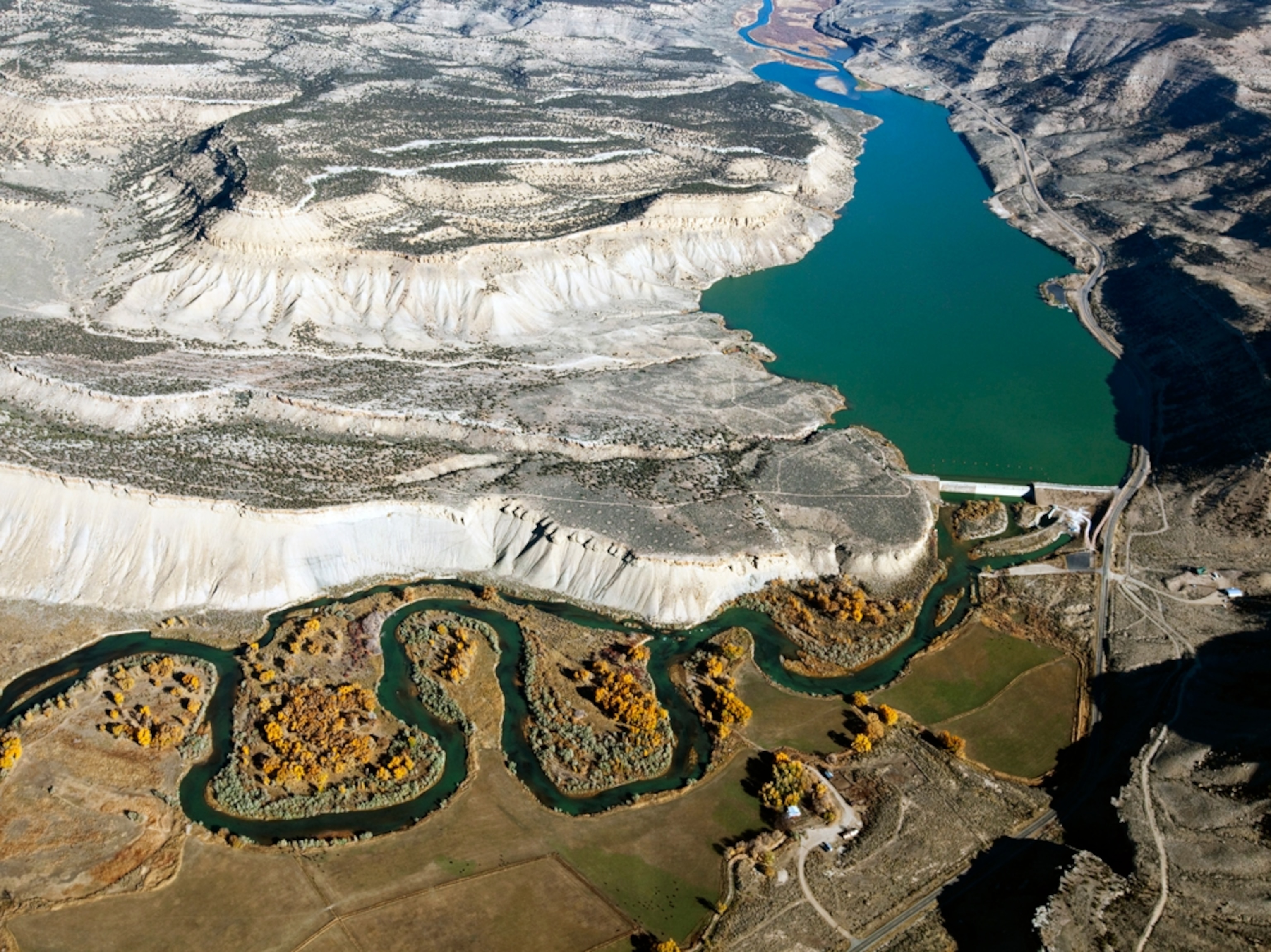 an aerial view of the Colorado River reservoir and fields near Meeker