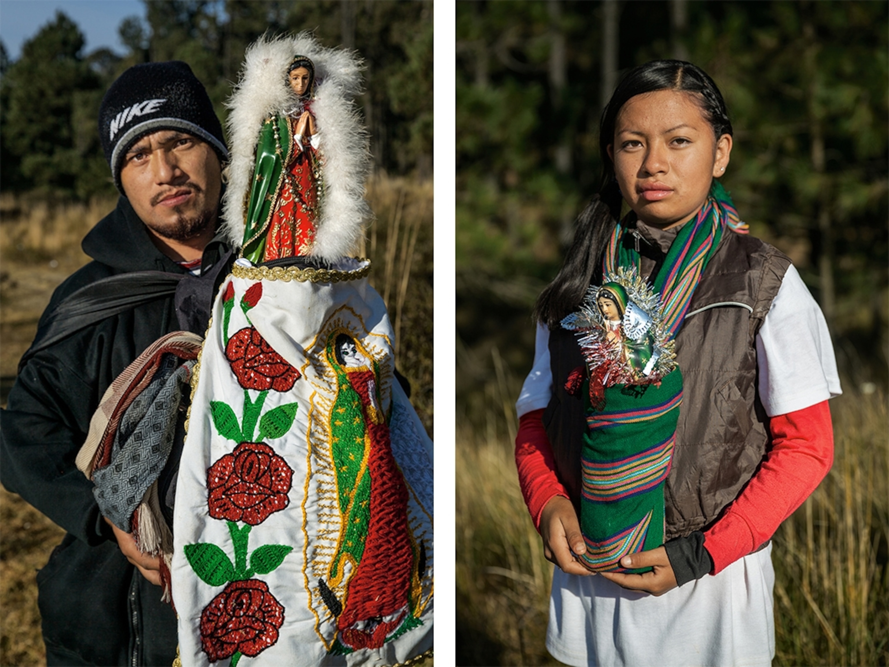 pilgrims with Virgin Mary statues trekking to Mexico City