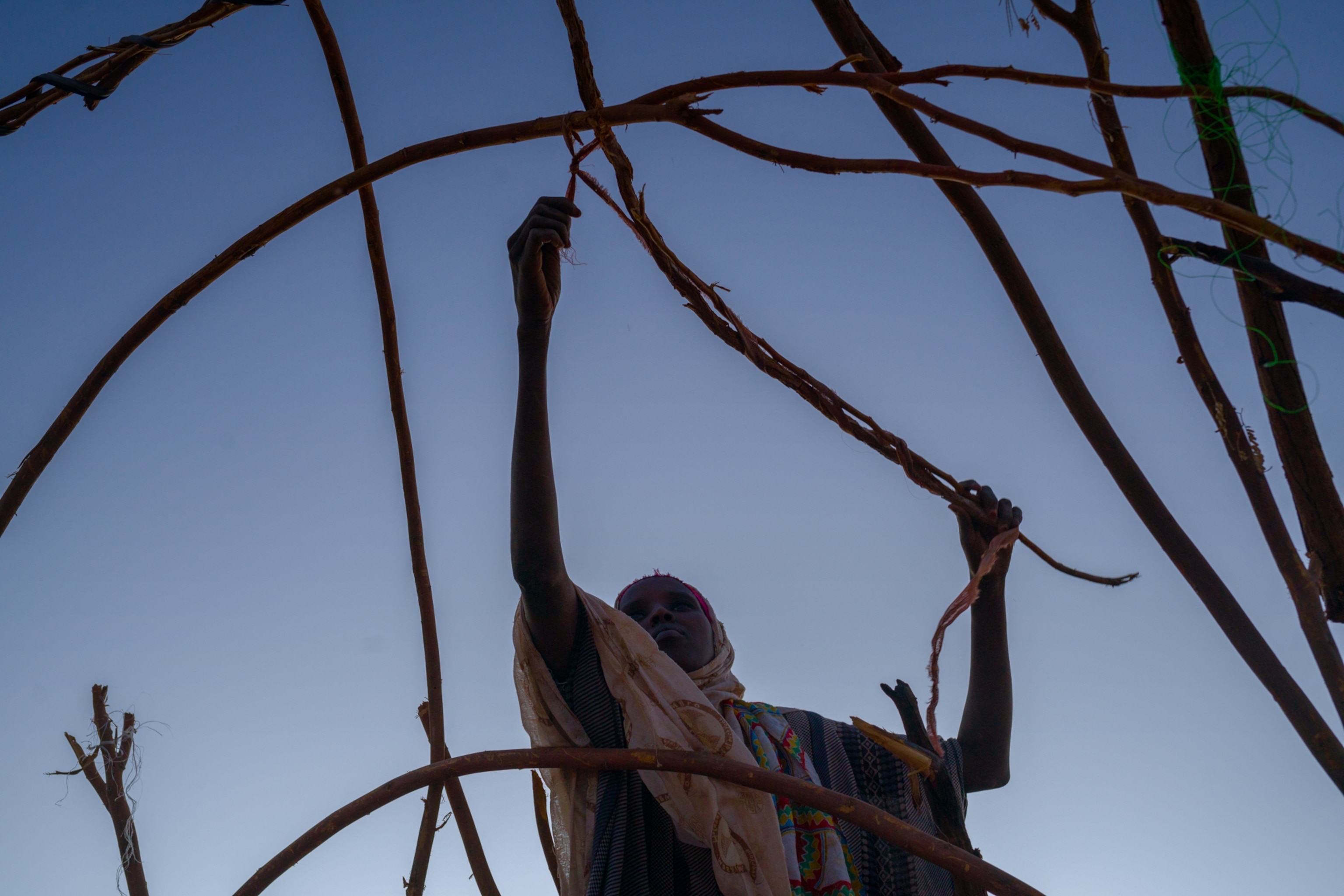 woman reaching over long branches as she arranges them