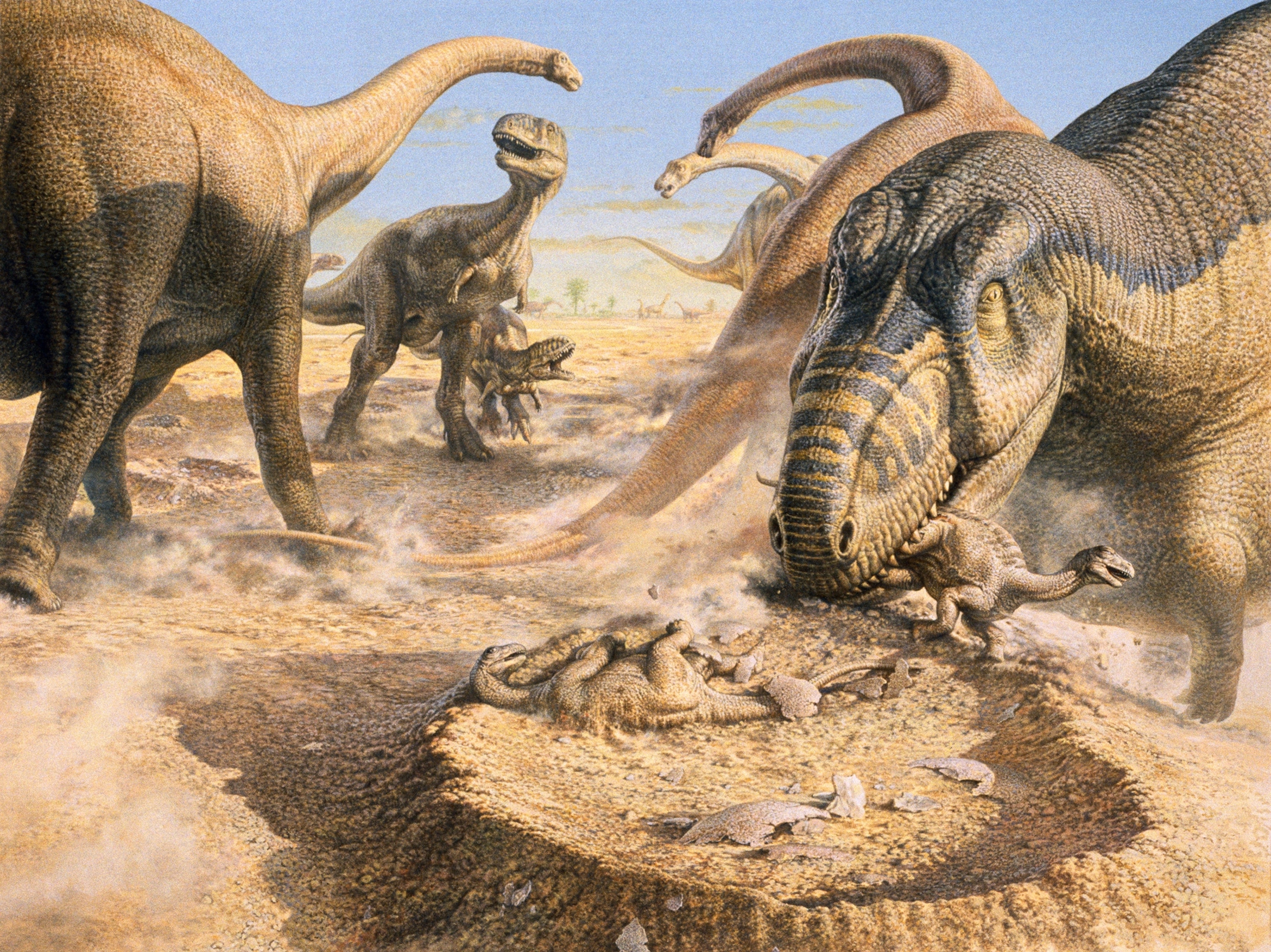 One dinosaurs feasting on another dino species's nest.