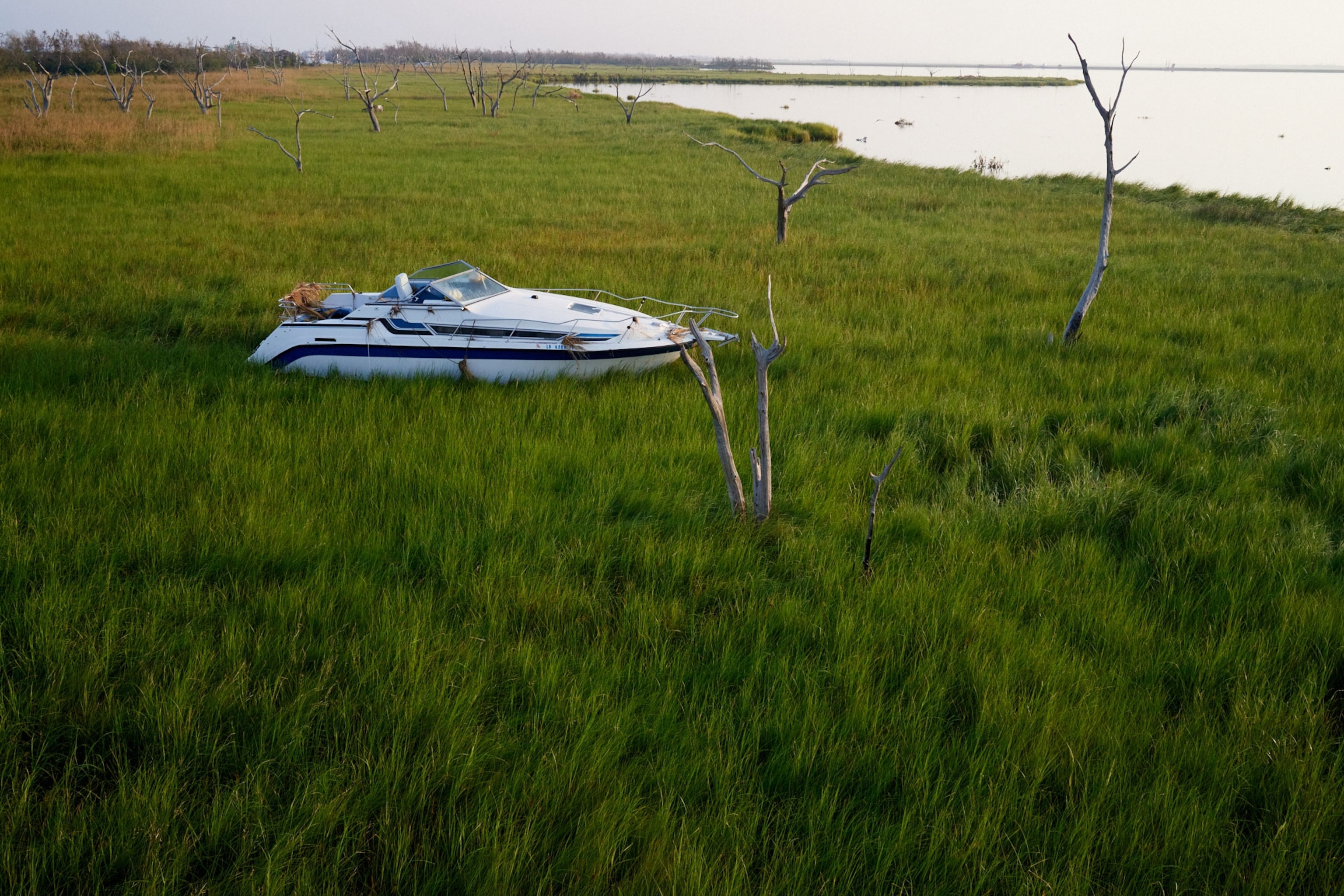 A boat washed ashore during Hurricane Ida in Cocodrie, Louisiana