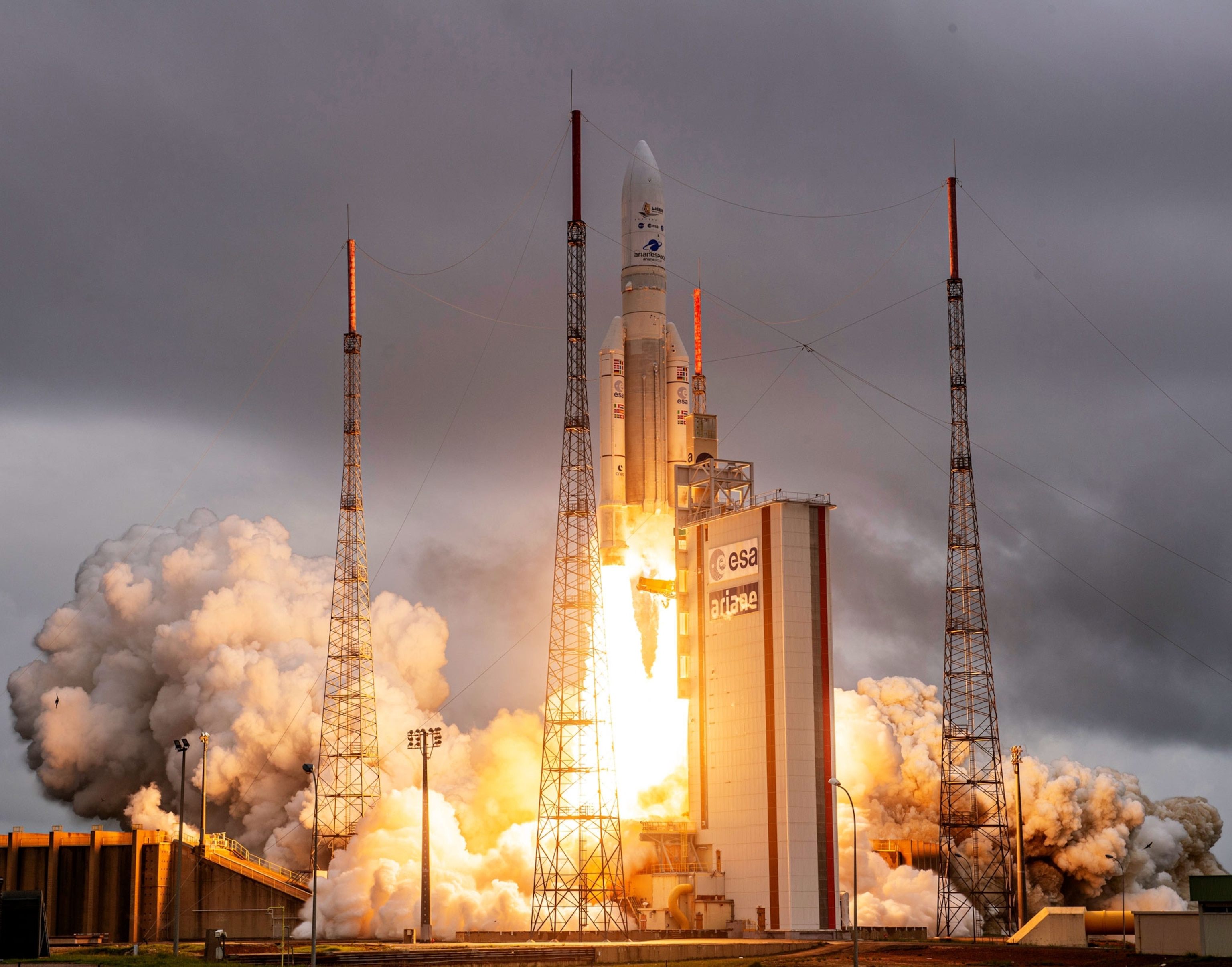 Ariane 5 rocket with James Webb Space Telescope launches into space.