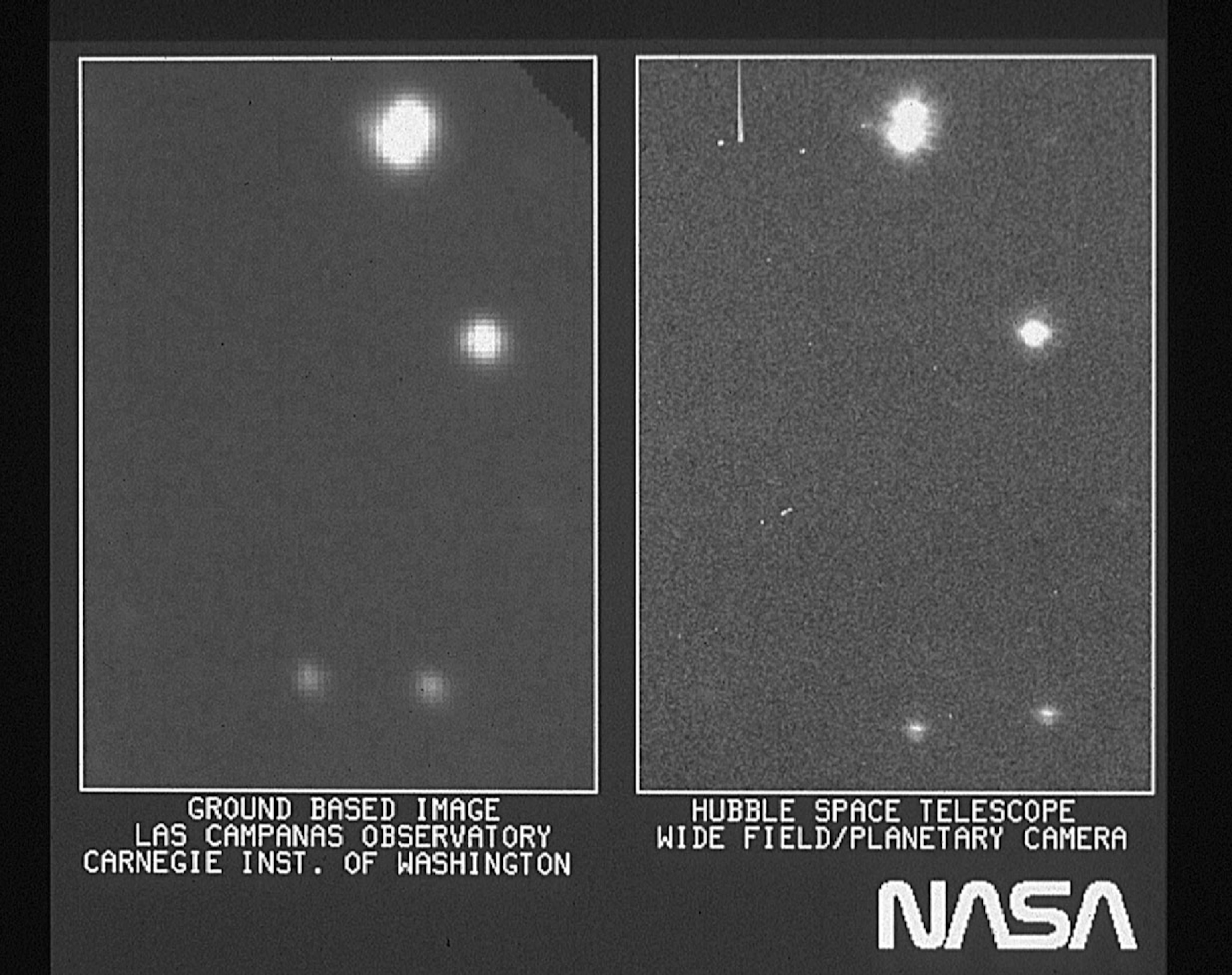 two side-by-side B&W photos of the same four objects in space.
