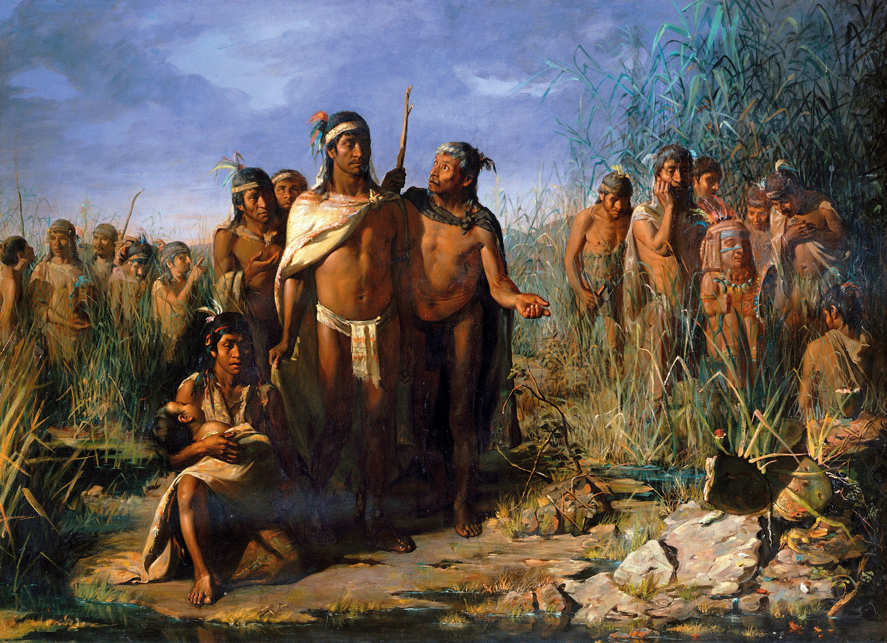 the Mexica people stand in field of grass looking at a prickly pear