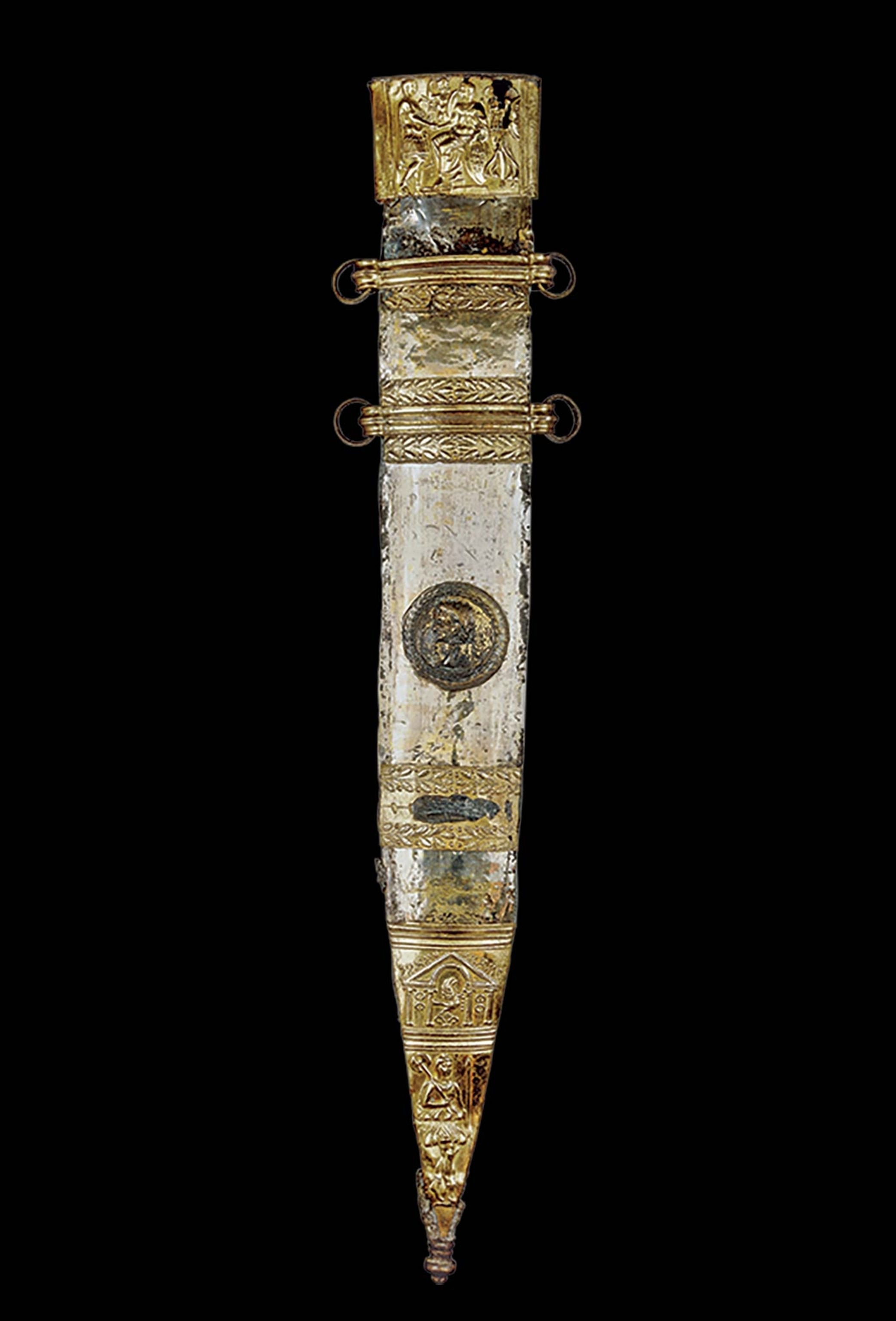 An iron weapon within a gilded bronze scabbard has a sheath with a semi-nude Emperor Augustus flanked by Victory and Mars Ultor with Tiberius