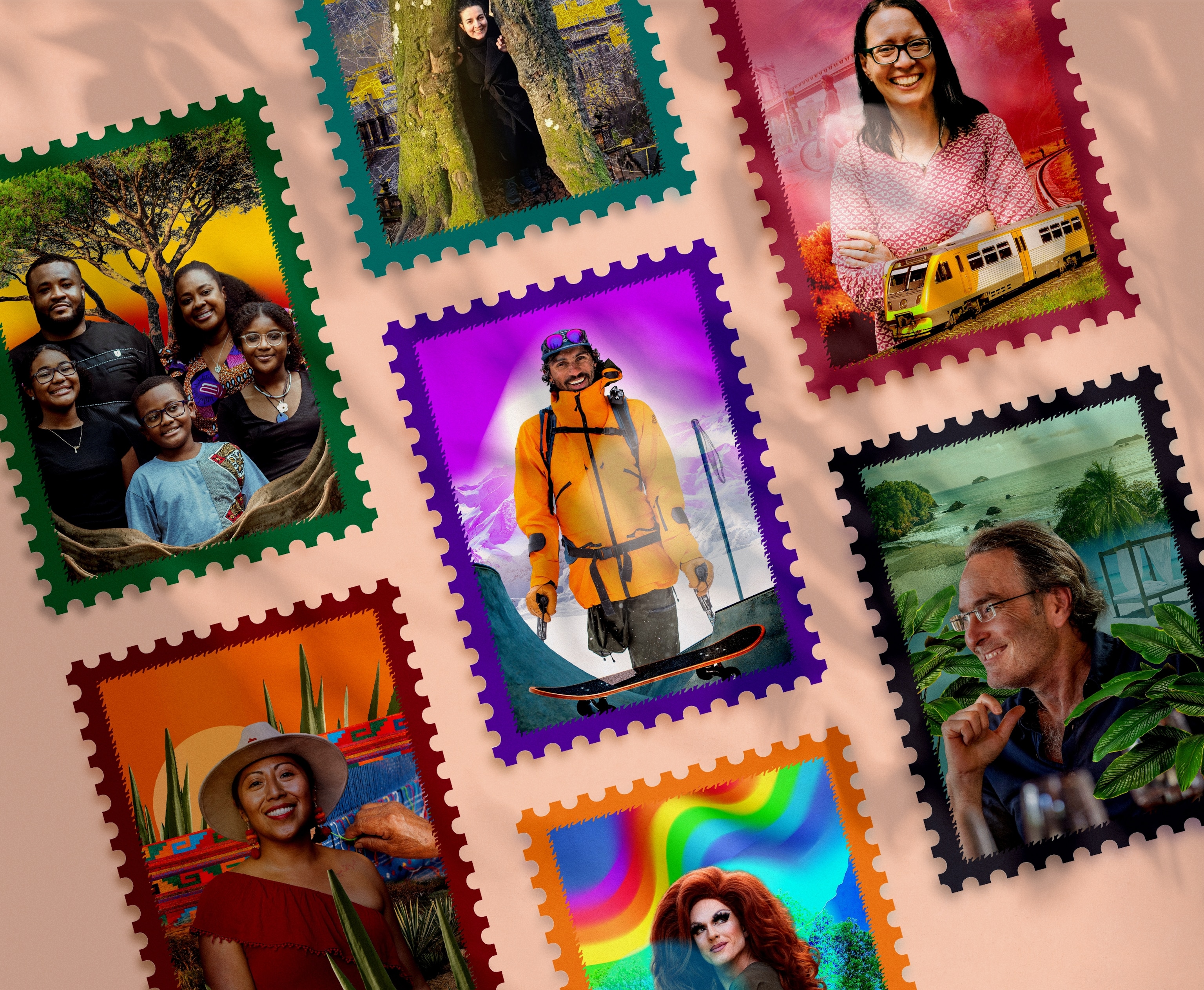 A composite illustration of multiple stamps of the Travelers of the Year
