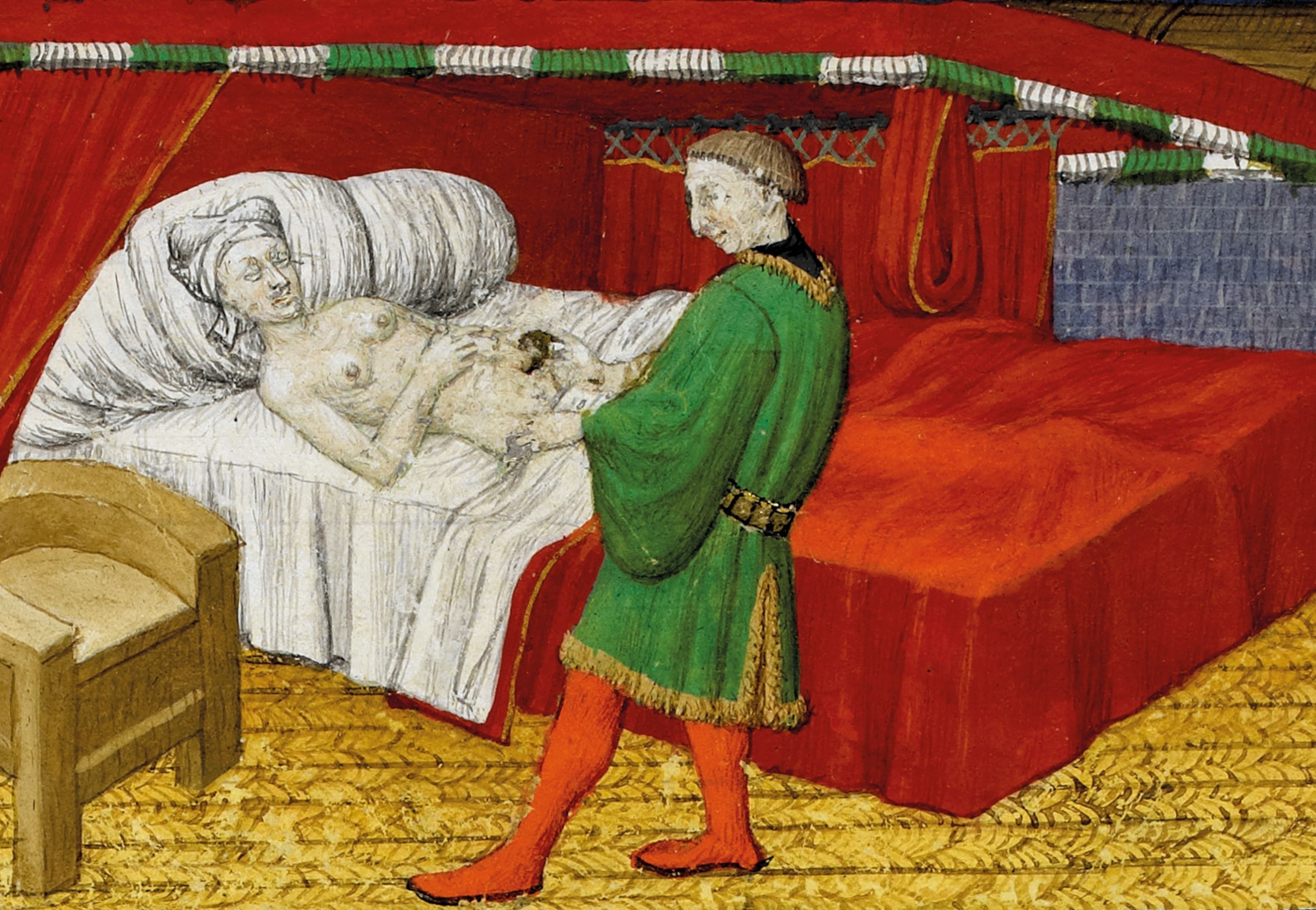 a 15th-century miniature of Olympias and Nectanebo in her bedchamber