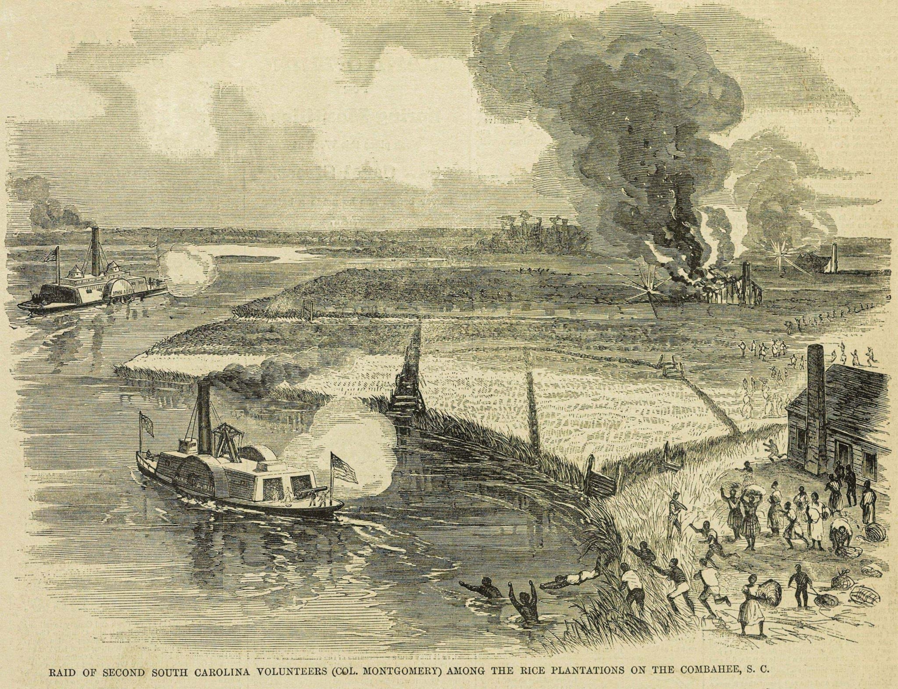 A wood engraving shows a raid on a ferry in a river