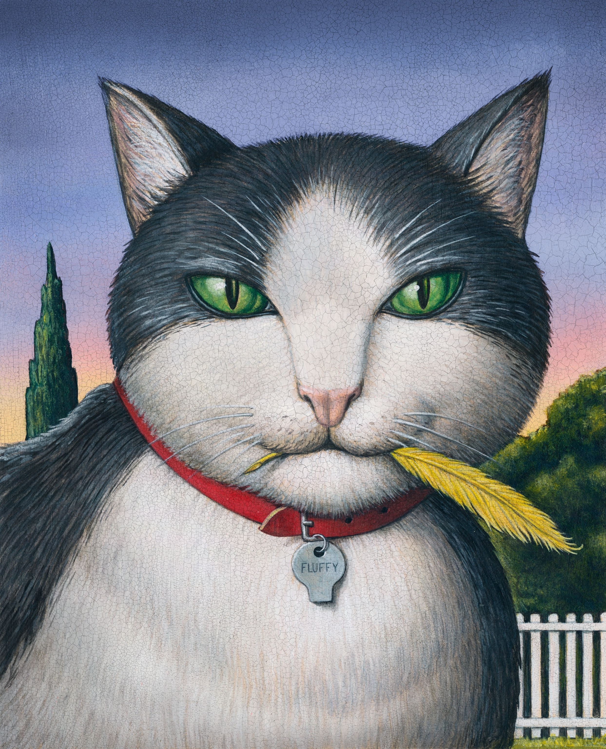 a cat wearing a collar holding a yellow bird feather in its mouth