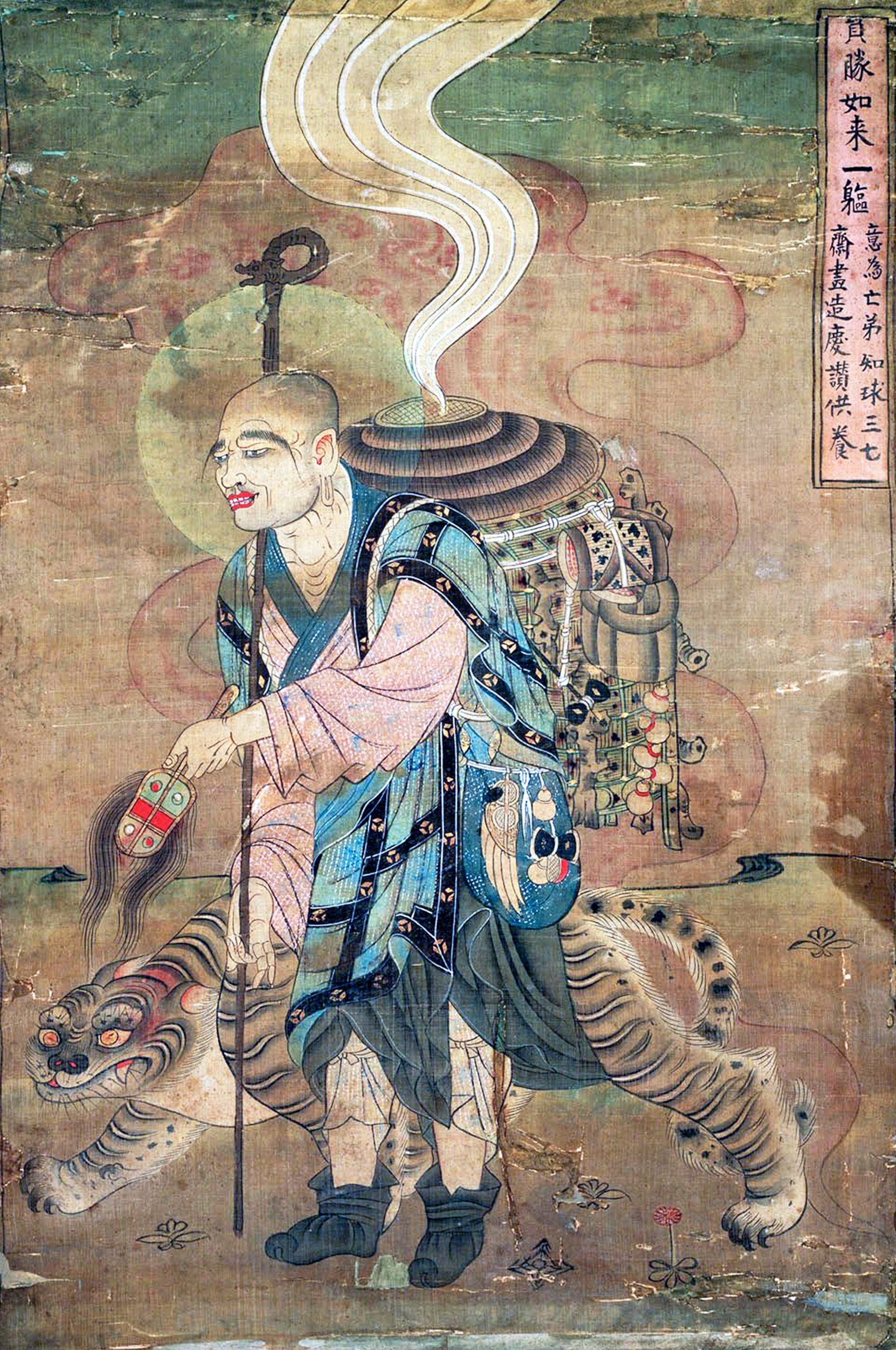 The Buddhist monk Xuanzang traveling with a tiger on the Silk Road.
