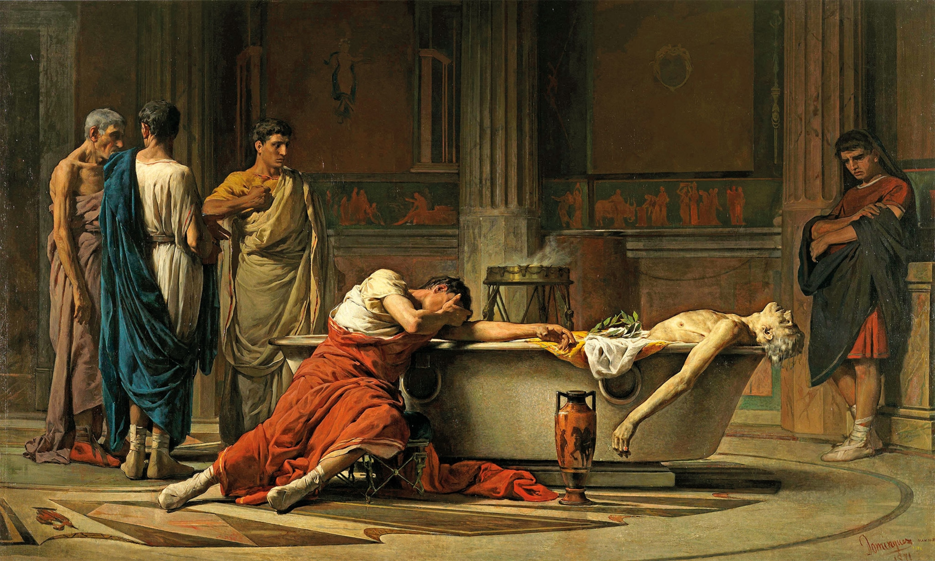 An older man lays dead in a tub while one man covers his face and 4 others stands by