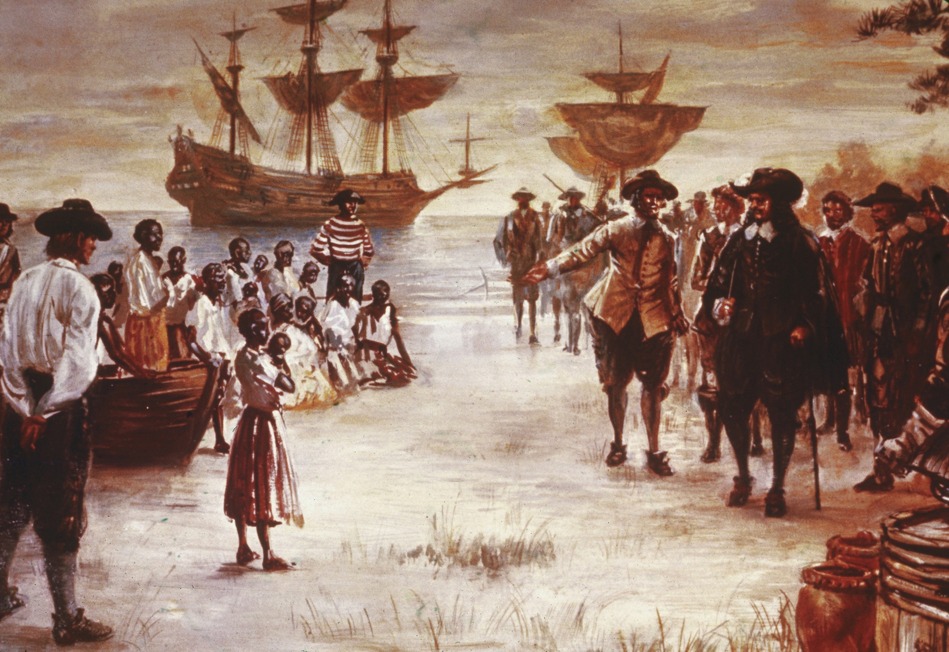 An engraving imagines the moment in 1619 when the first enslaved people arrived in Jamestown.