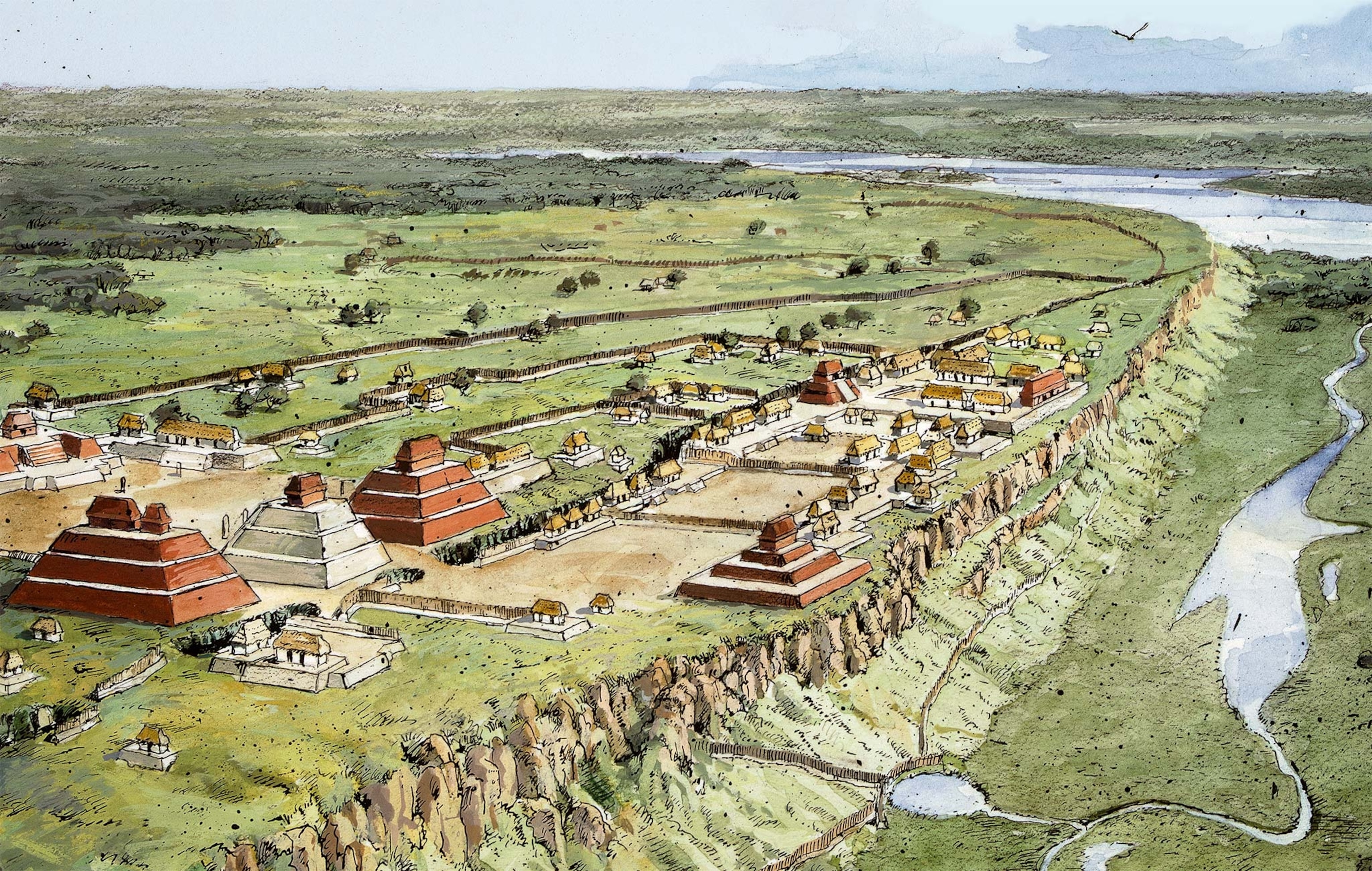 An illustration of Aguateca as it may have appeared in the eighth century