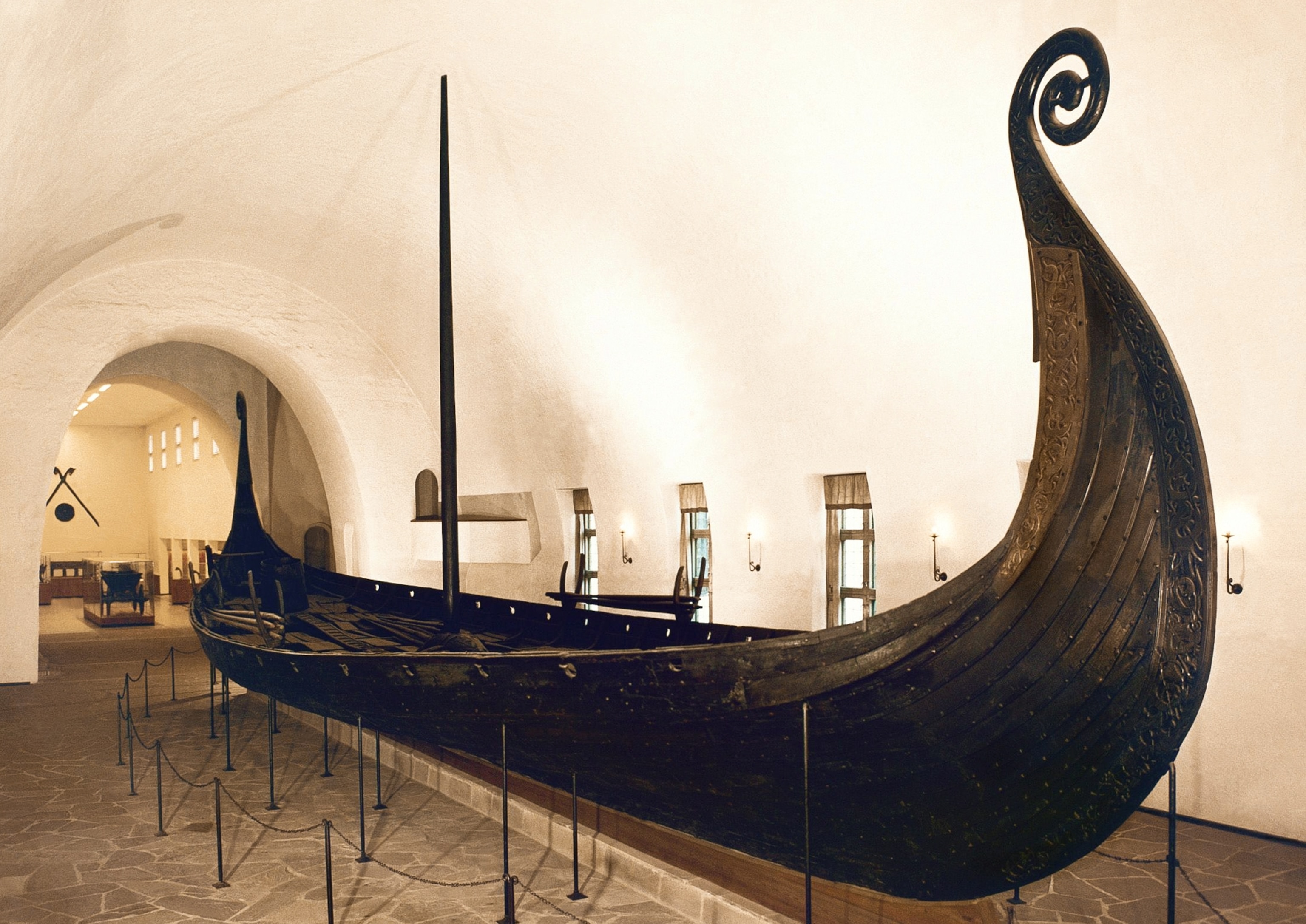 the Oseberg ship on display in the Viking Ship Museum in Oslo