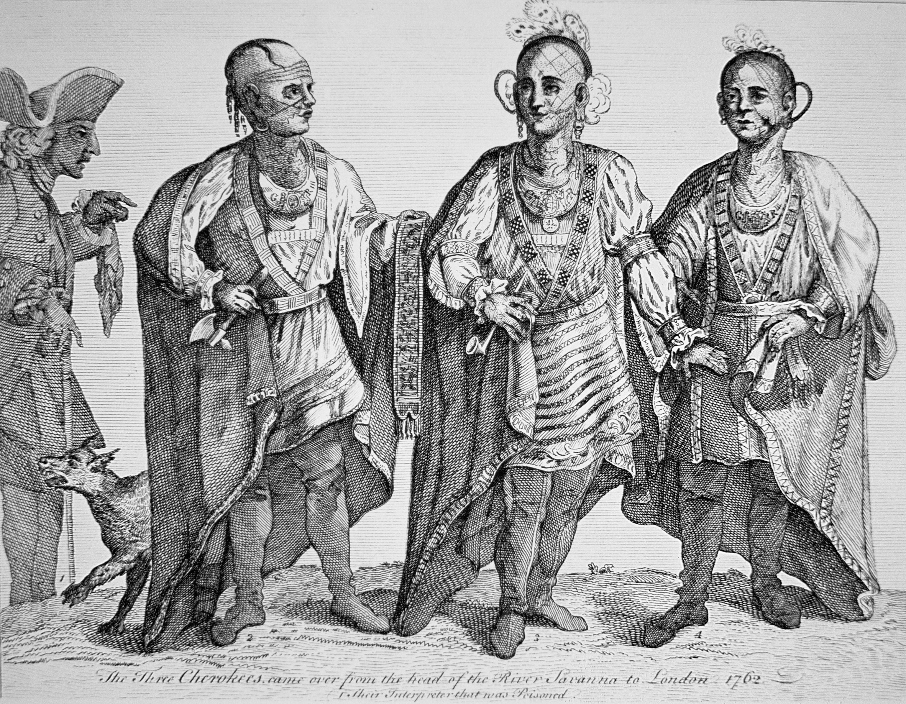 Four men standing, three in traditional native wear