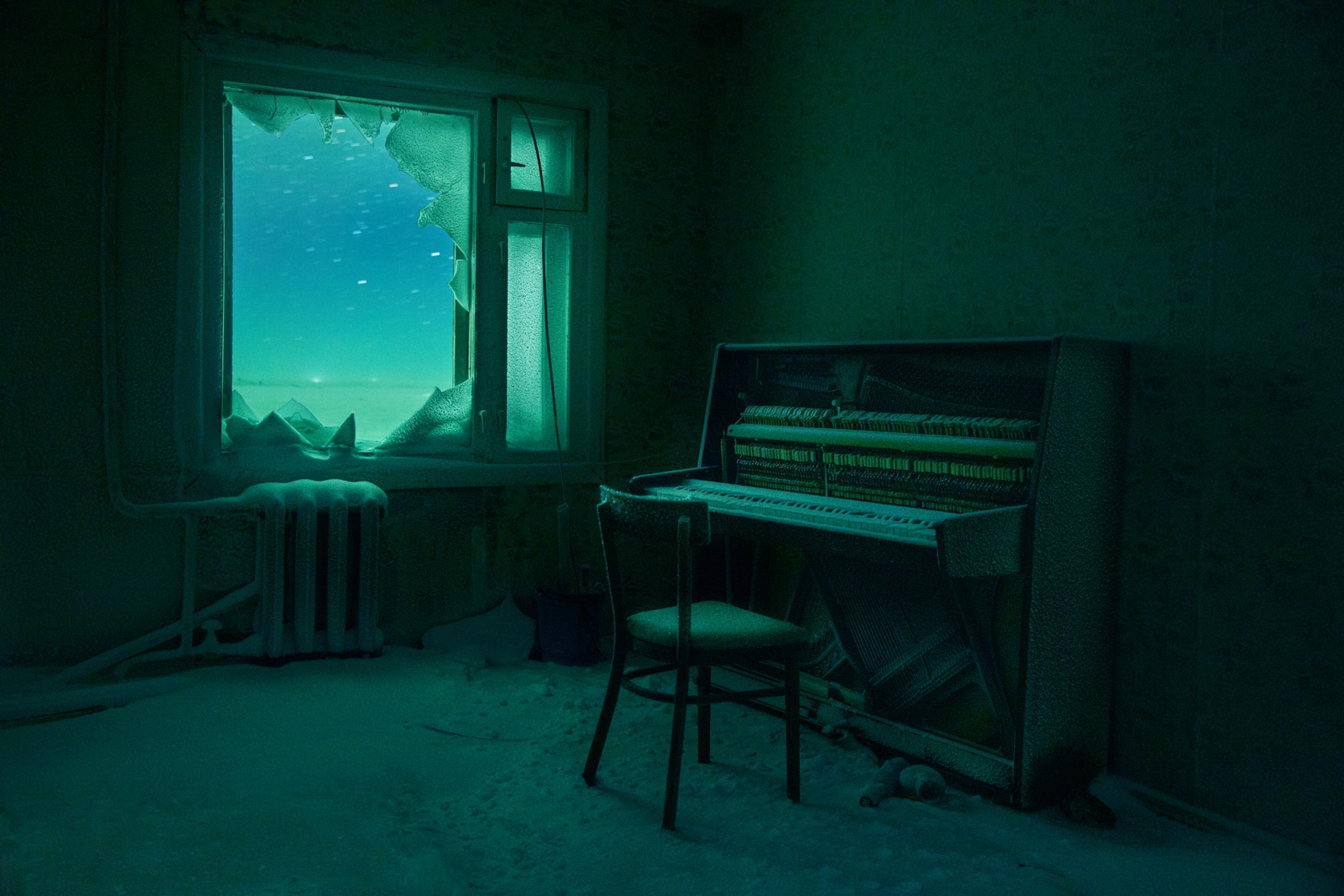 a frosted piano by broken window with starry sky outside.