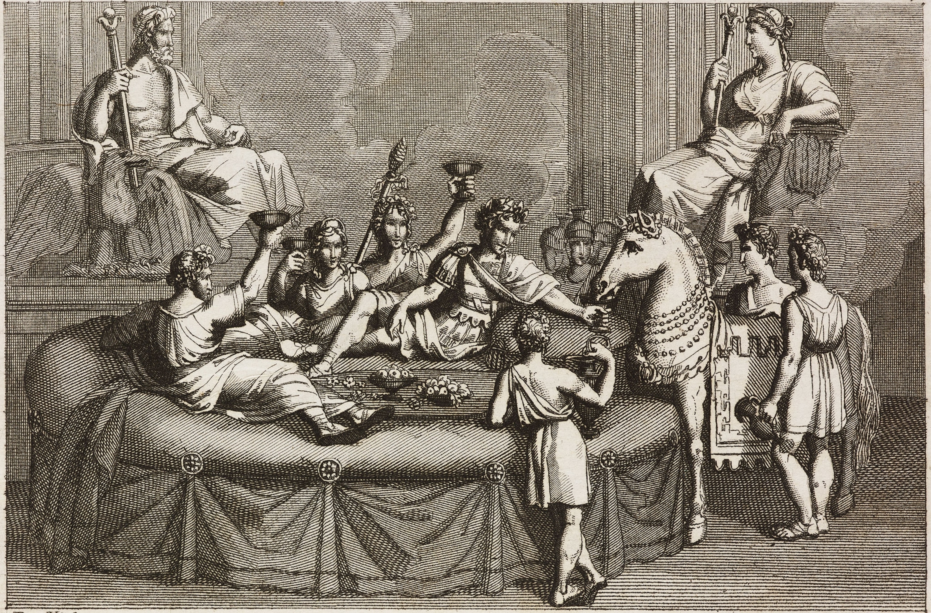 A black and white, block print illustration of roman peoples and a horse