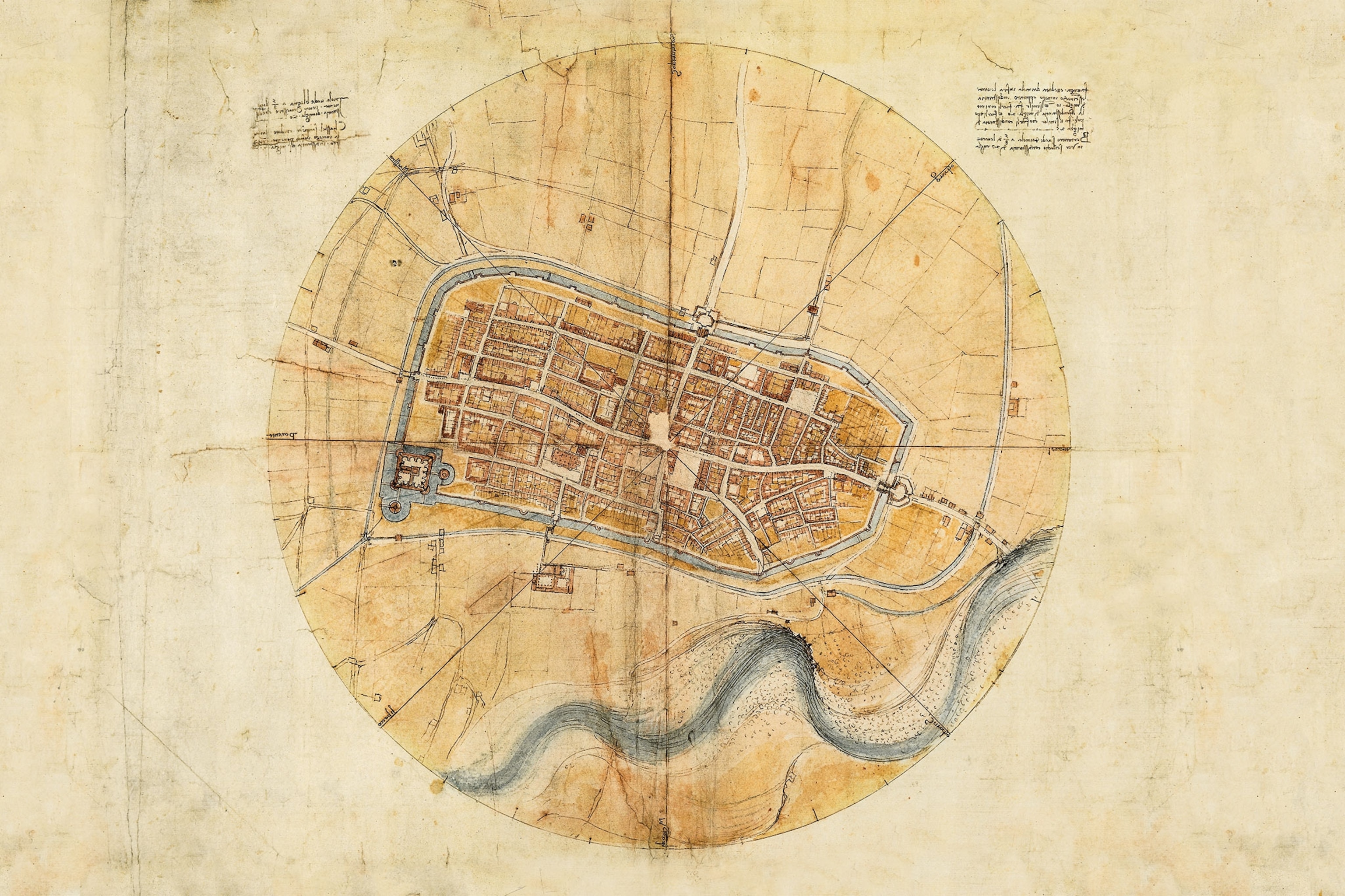 A drawing of a circular map of a city