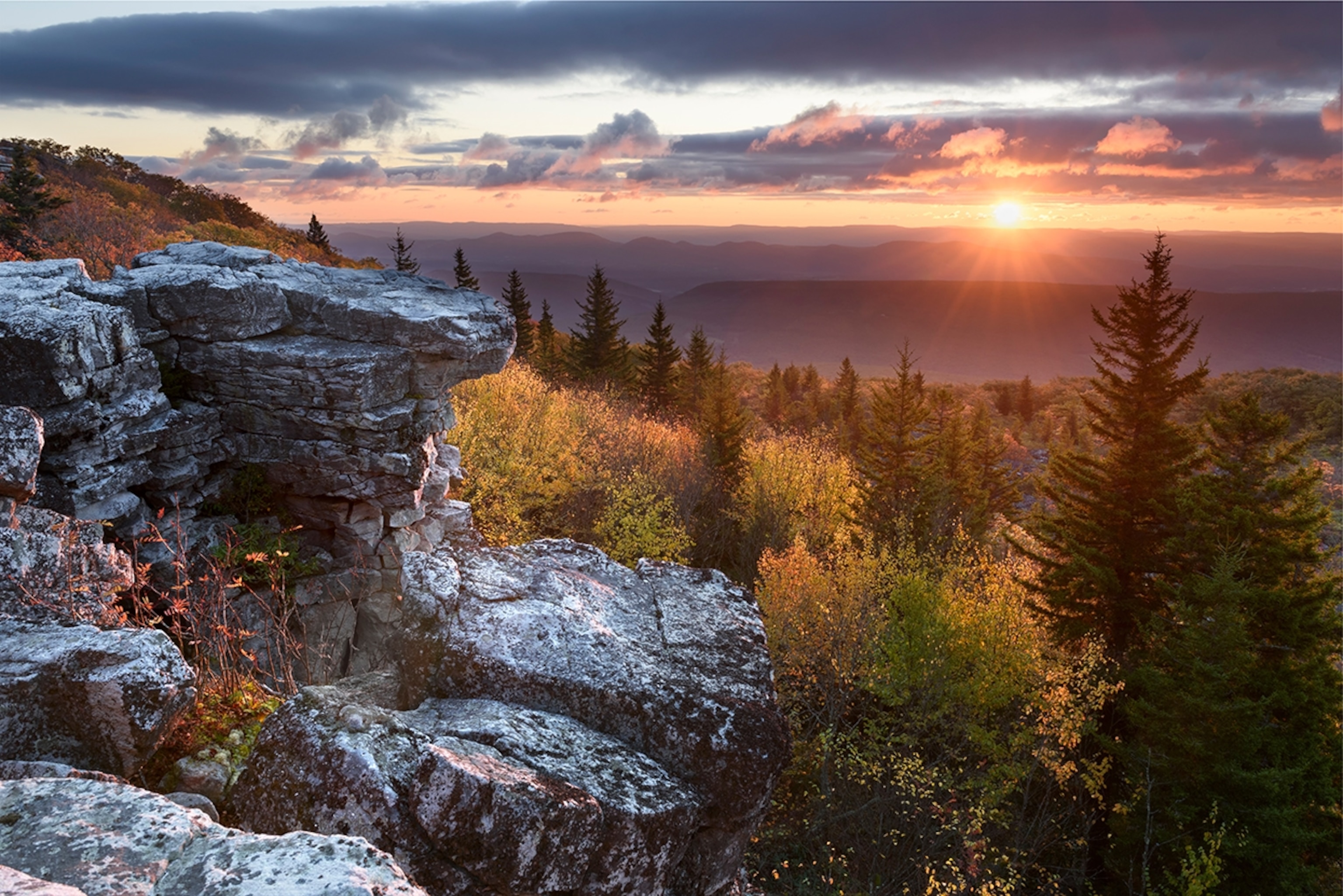 Photograph of a sunrise from Bear Rocks in West Virginia in October.