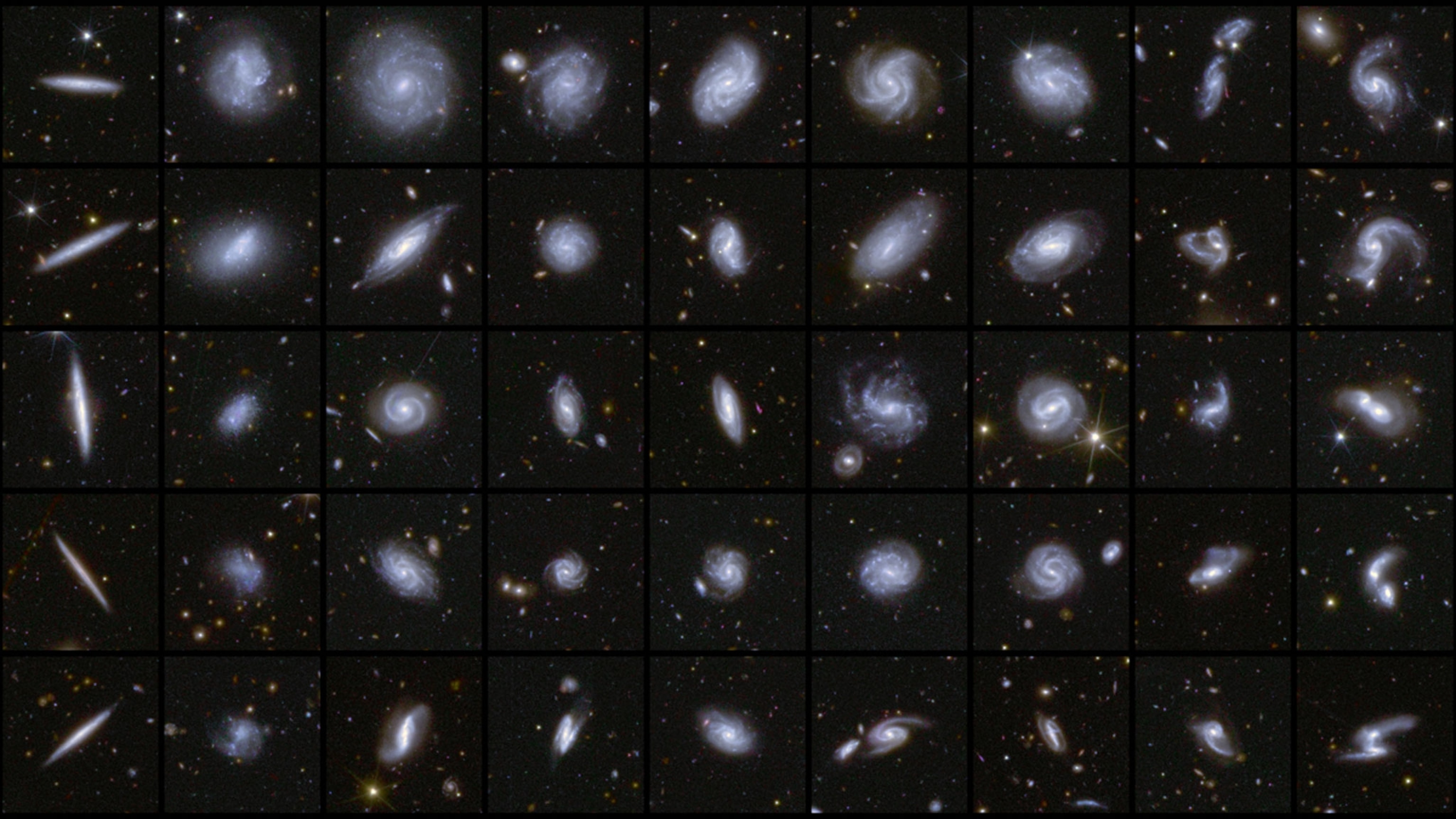 A collage of nine by five squares containing galaxies of many different shapes and viewed in different orientations. For example, the first column shows five edge-on galaxies, which appear thin like a pencil. The galaxies in the second column have a more fuzzy, diffuse appearance. The middle columns showcase face-on spiral galaxies with many different shapes and densities of stars. The last two columns include interacting galaxies or galaxies with an unusual spiral arm or tidal tail.