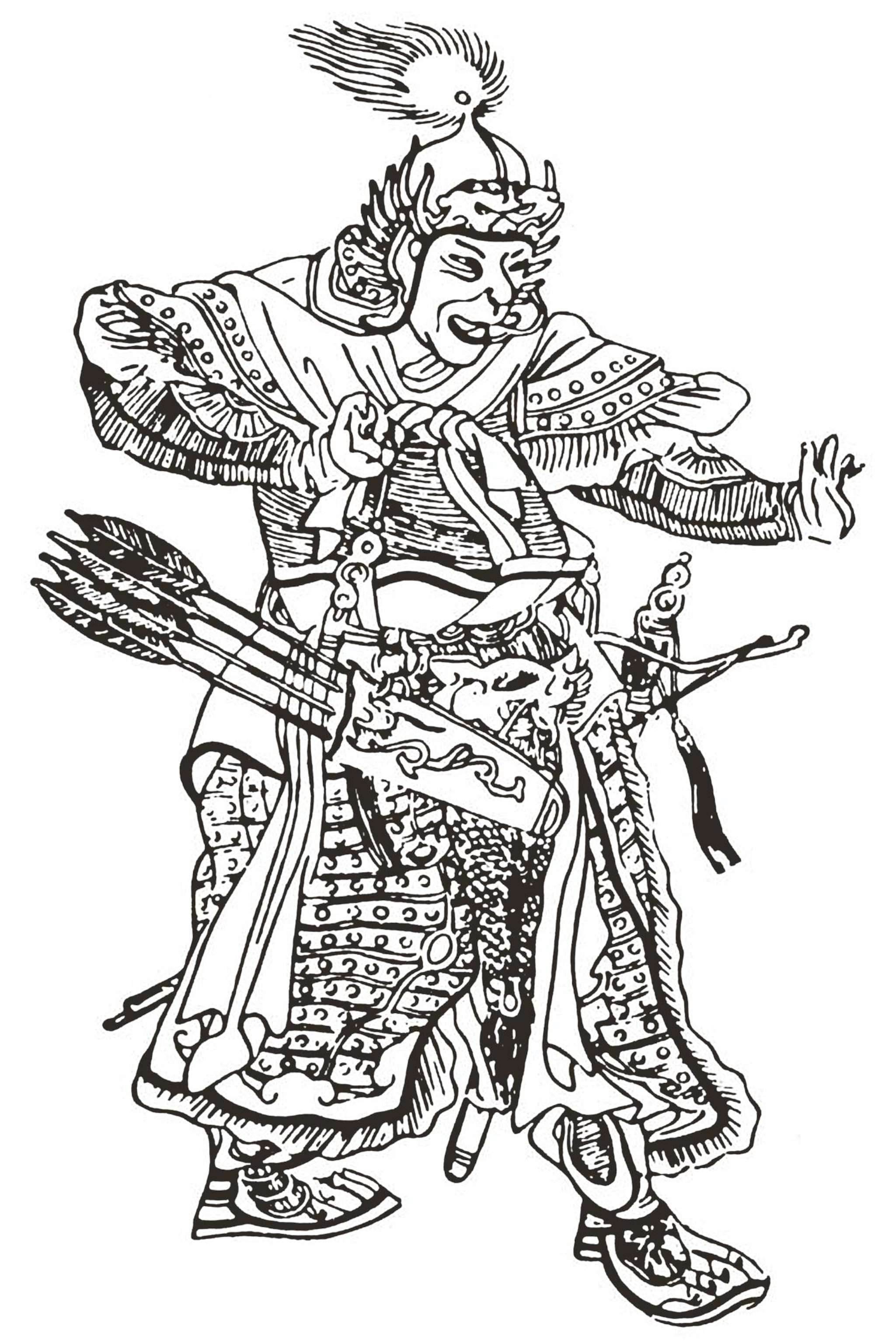 A black and white drawing of a Mongol general