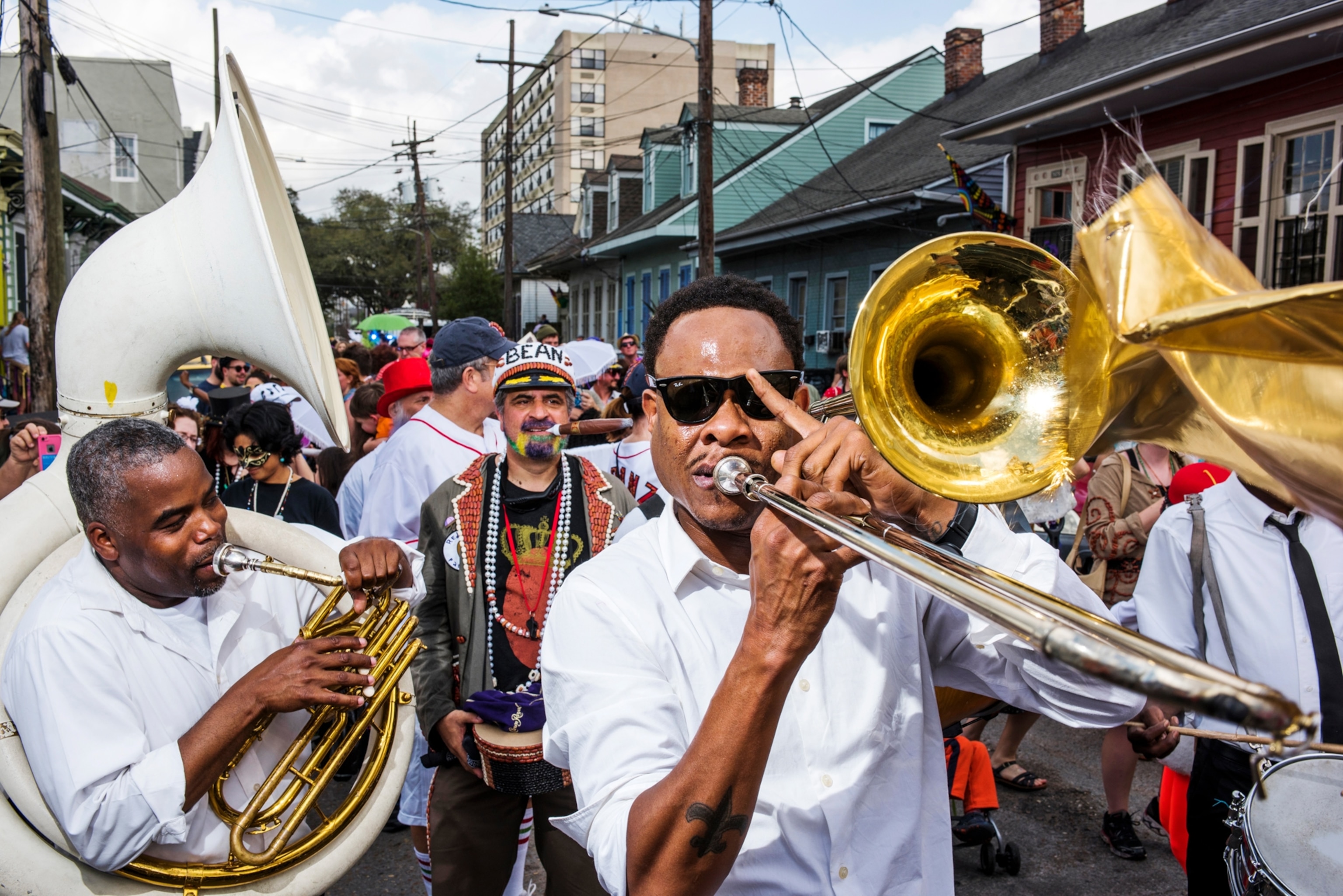 the Treme Brass Band in the Red Beans and Rice Parade on Lundi Gras in New Orleans