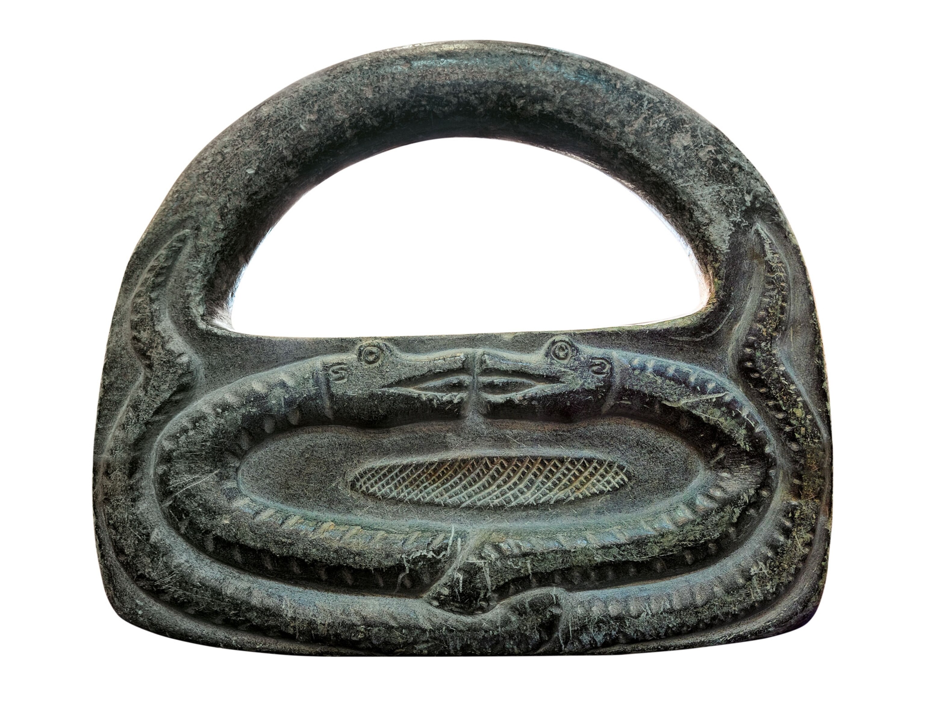 A stone with a handle with two serpent like creatures on it