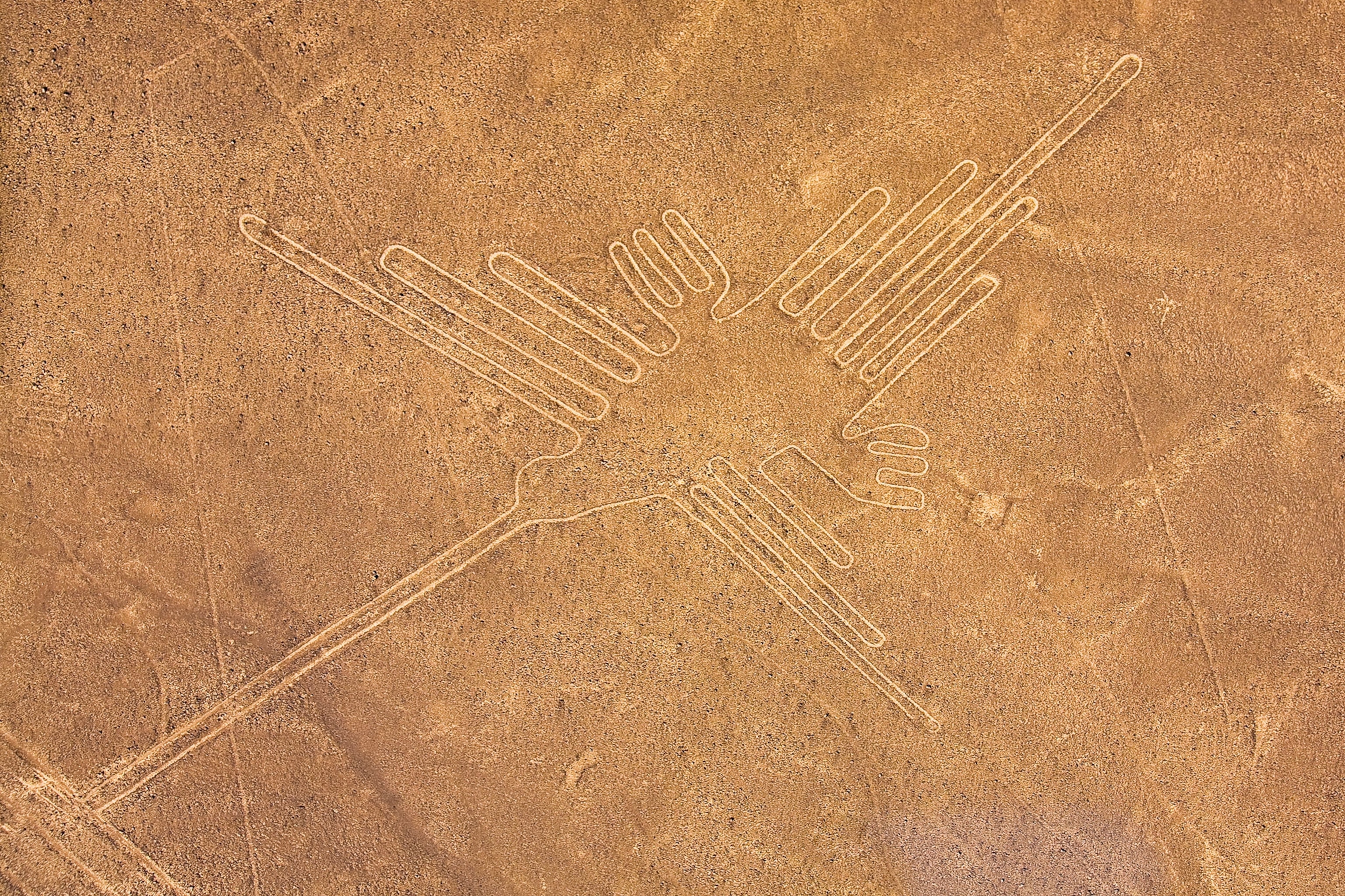 An aerial view of a orange/brown dessert with lighter colored, straight and geometric lines