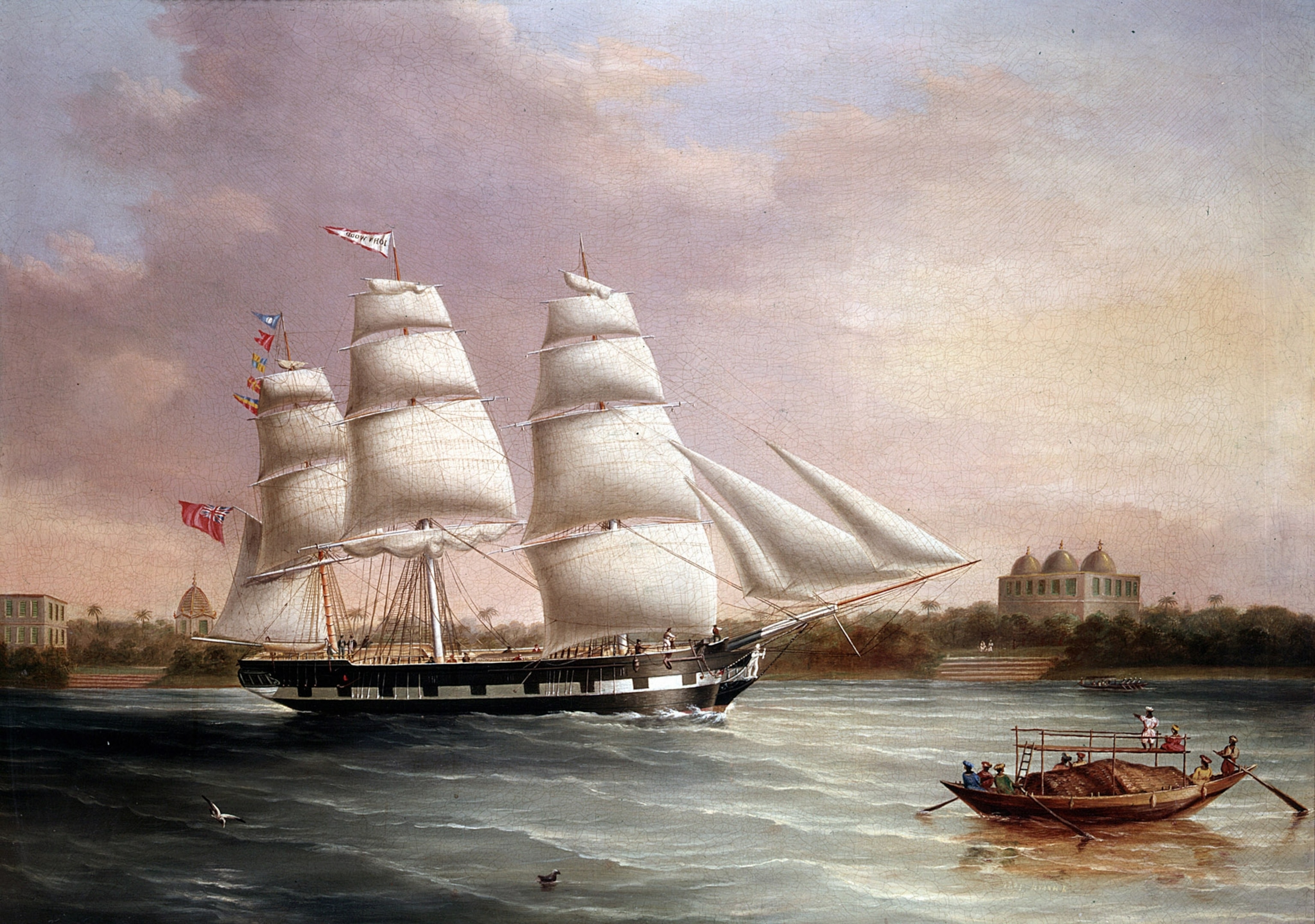 color painting of merchant ship in harbor