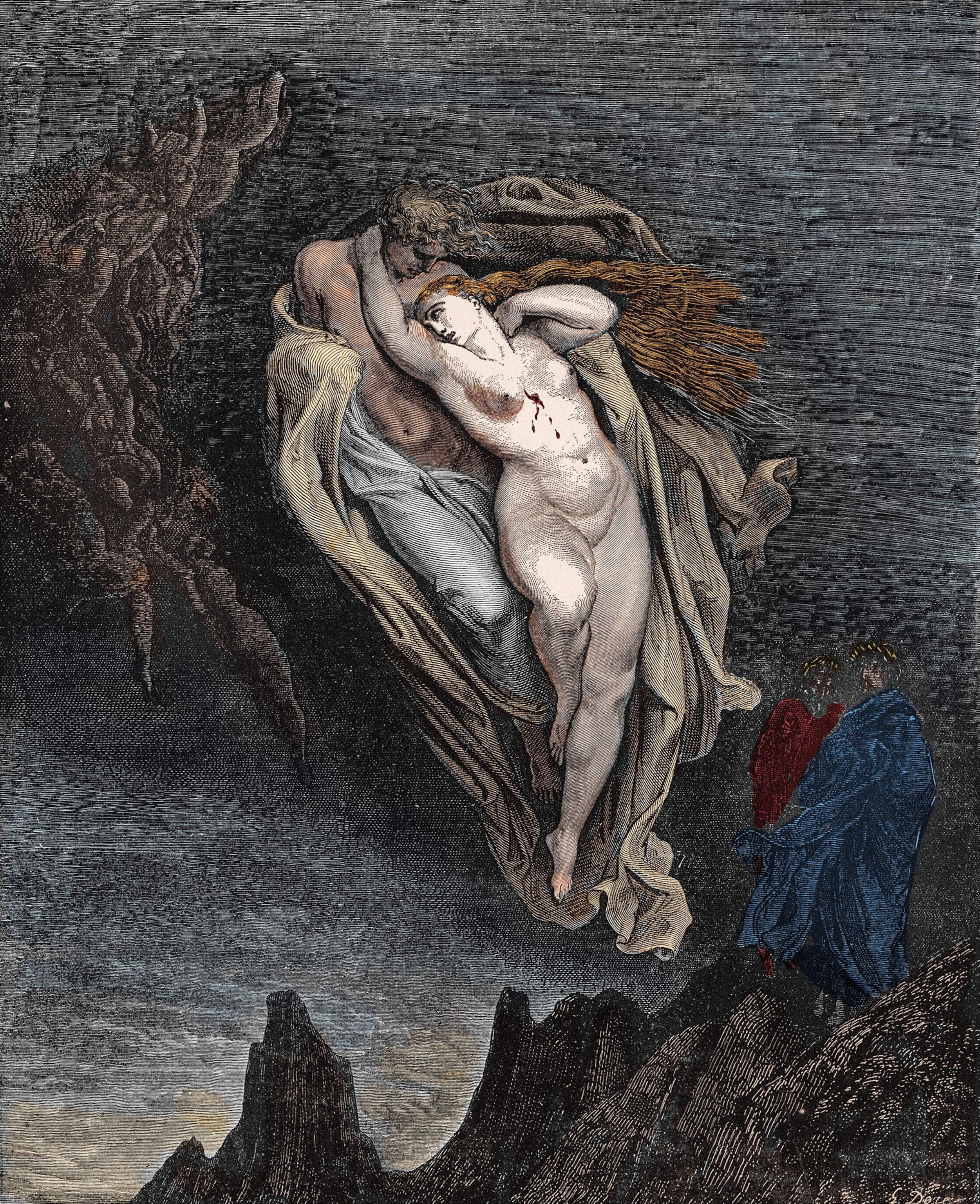 Paolo Malatesta and Francesca da Rimini embrace as the infernal wind tosses them about in a 19th-century engraving by Gustave Doré.