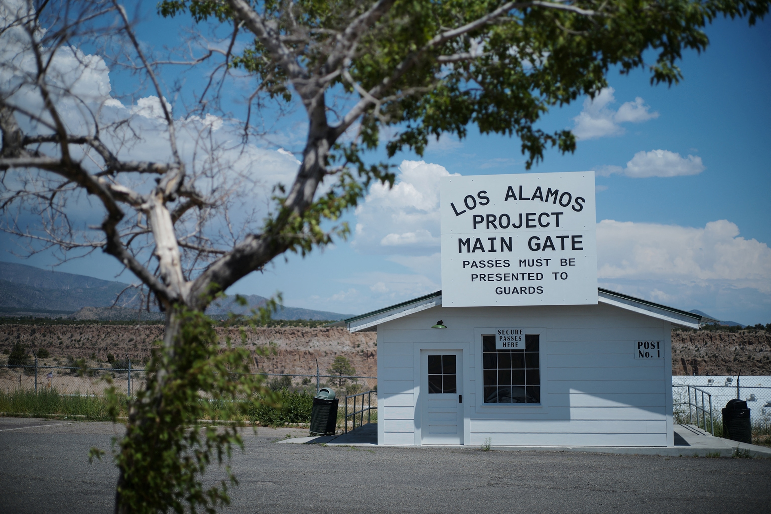 A replica of the Los Alamos Project Main Gate, where the first atomic bombs were developed during World War II, stands at the edge of town in Los Alamos, New Mexico, U.S.