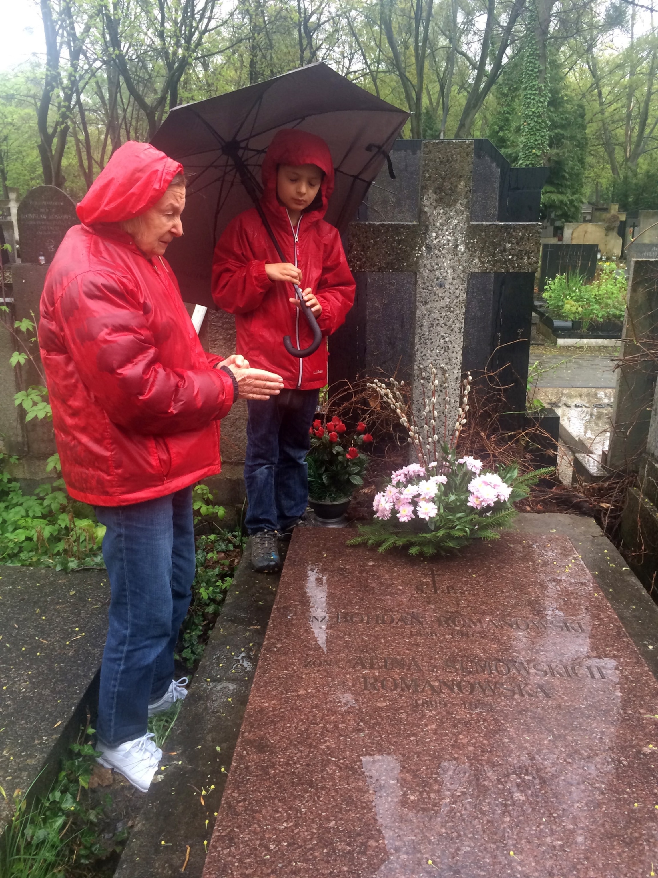 two people praying at a gravesite