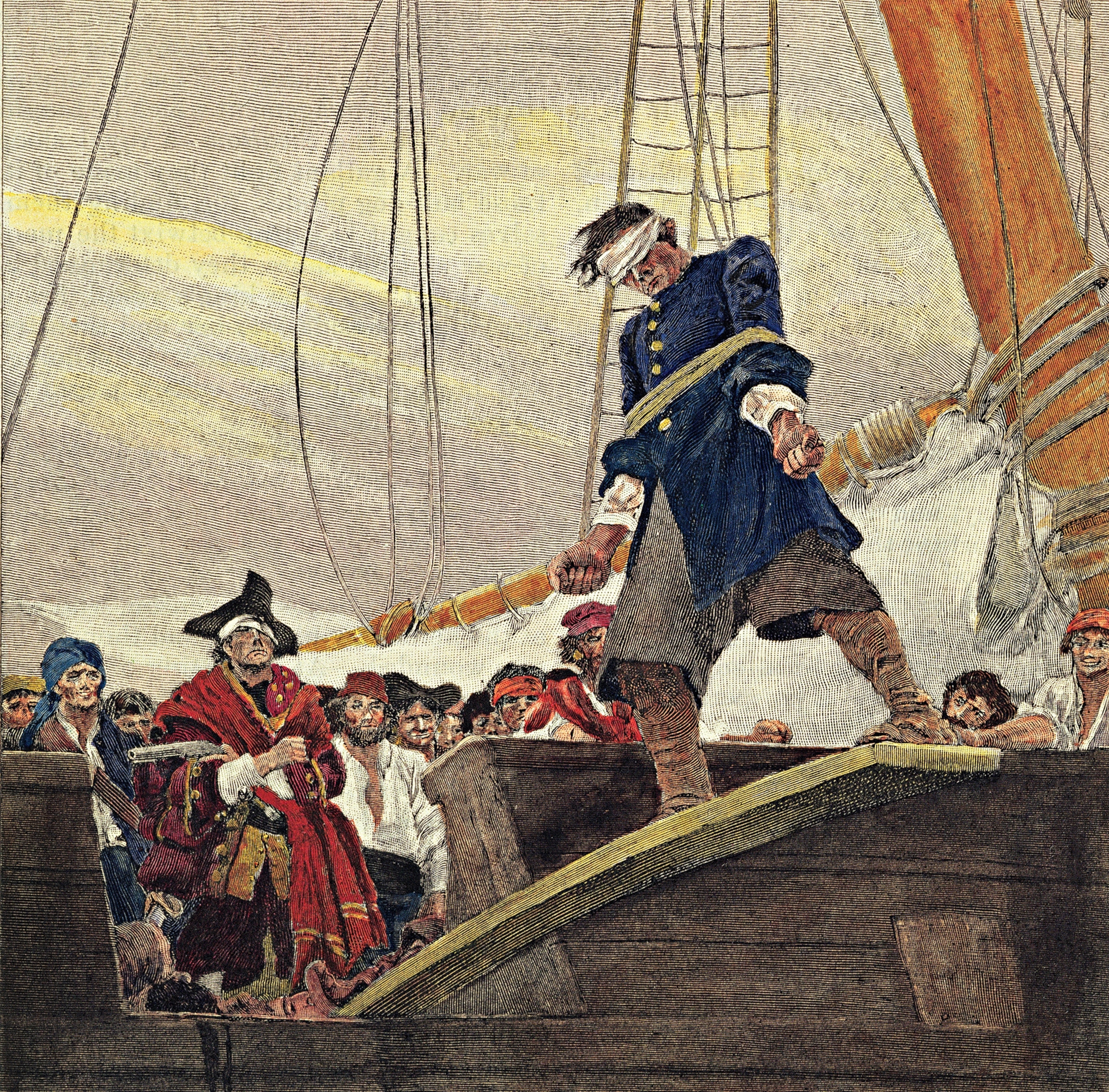 An illustration from 19th-century artist Howard Pyle depicts a man being forced to walk the plank. Although there is no record of this type of punishment, it remains popular in pirate mythology.