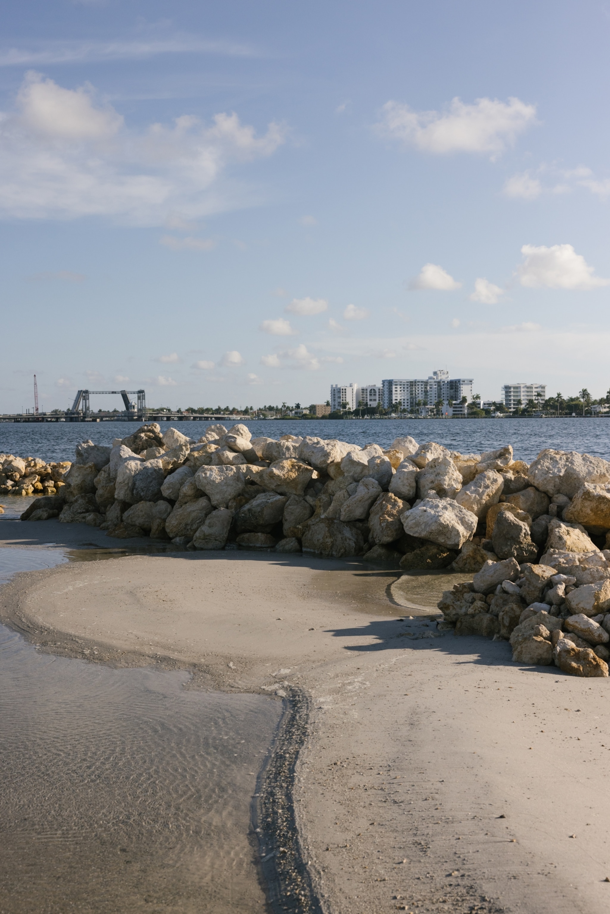 sand buttresses rock overlooking a large body of water with a city skyline in the distance