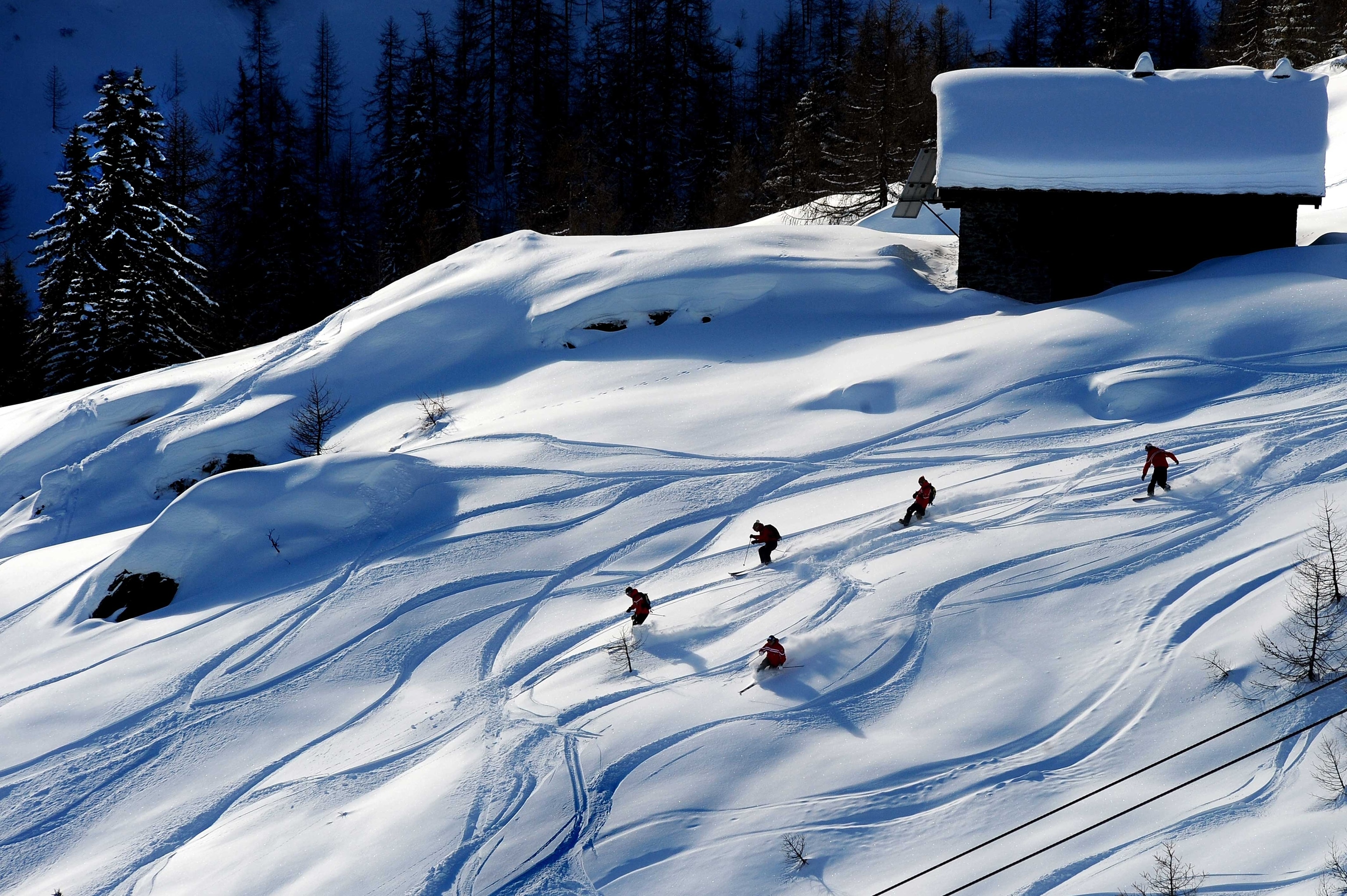 A group of skiers and snowboarders making fresh tracks on a slope covered in deep snow.