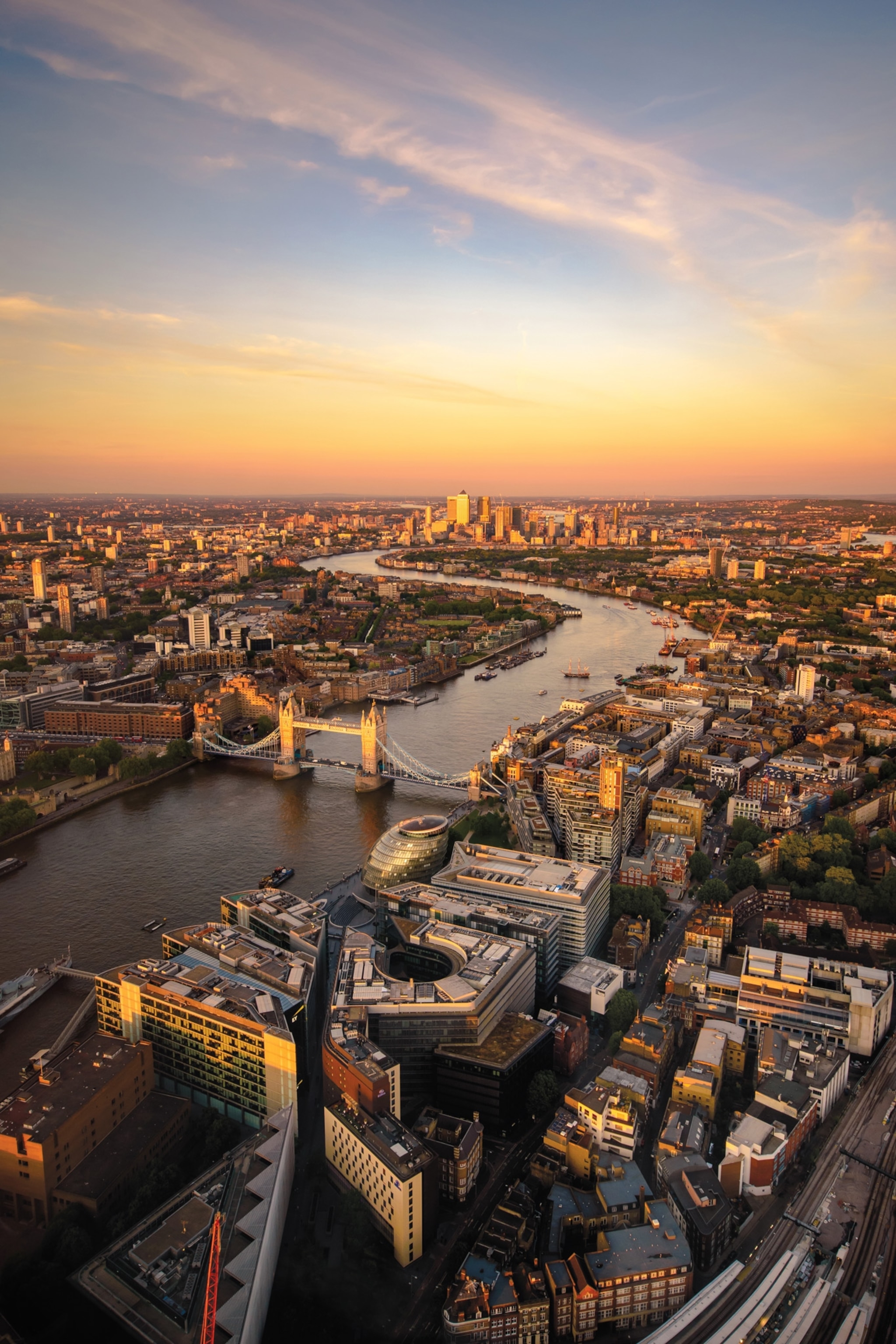 Photo of London from above as sun sets