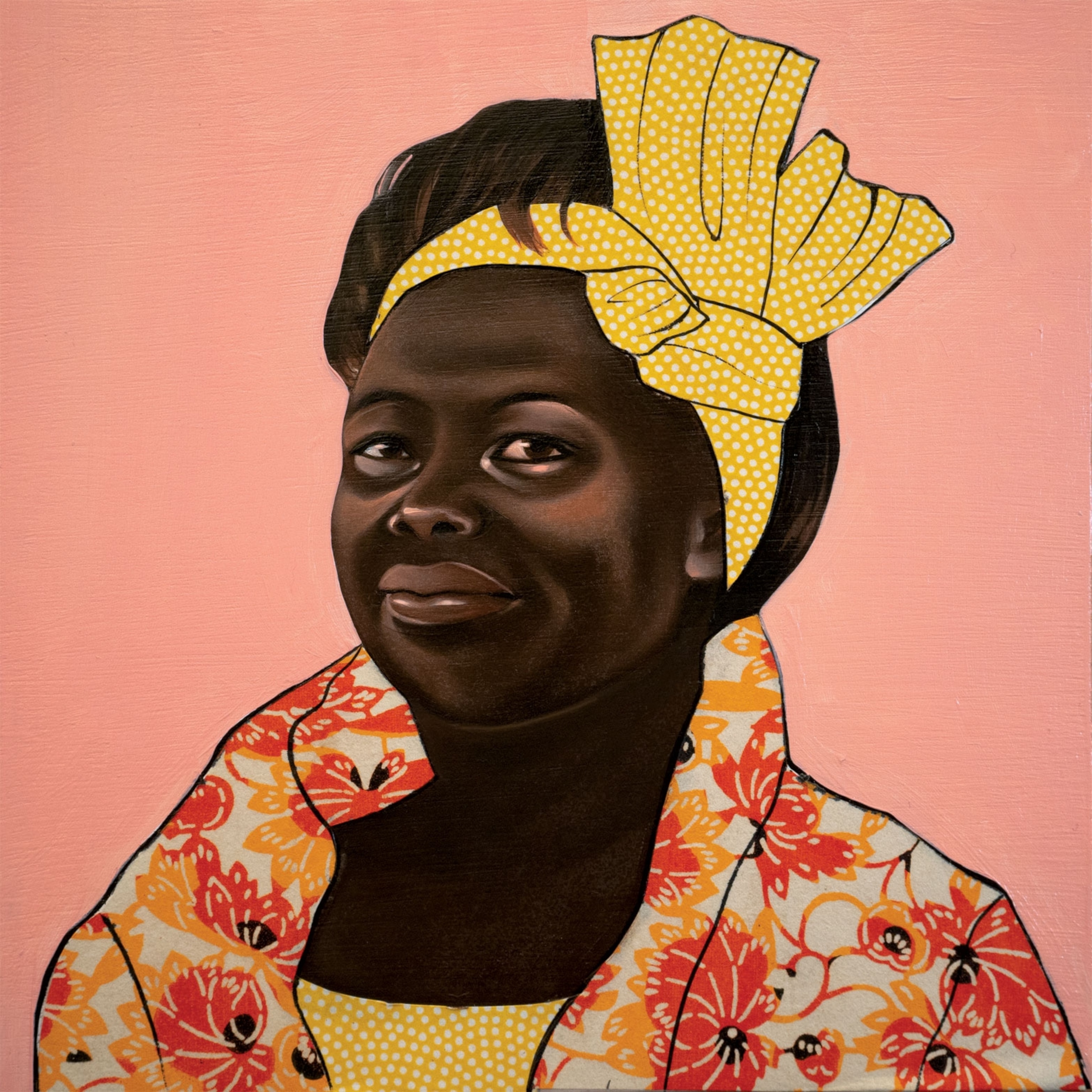 African woman with yellow scarf.