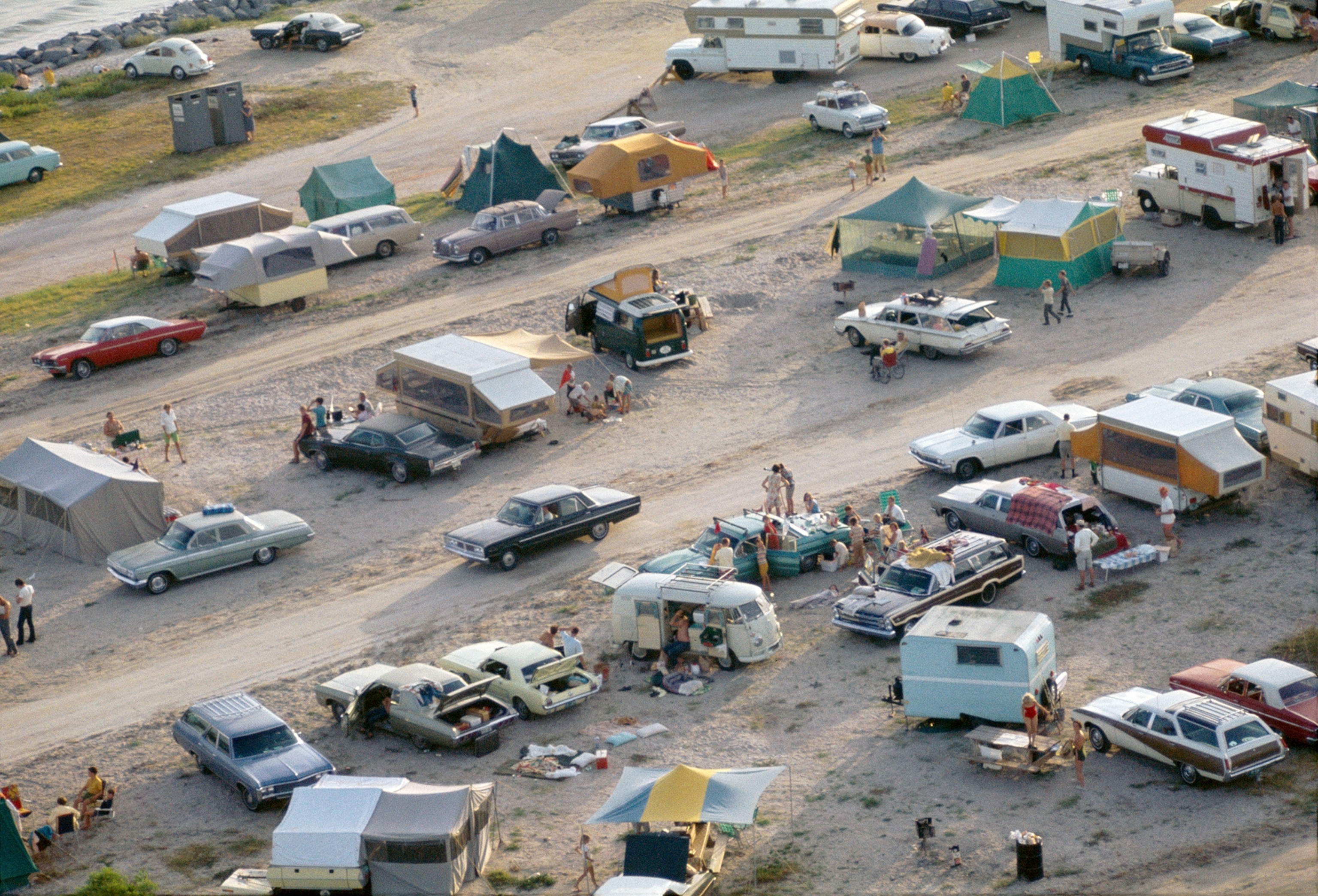 an aerial view of spectators around their campsites awaiting the Apollo 11 launch.