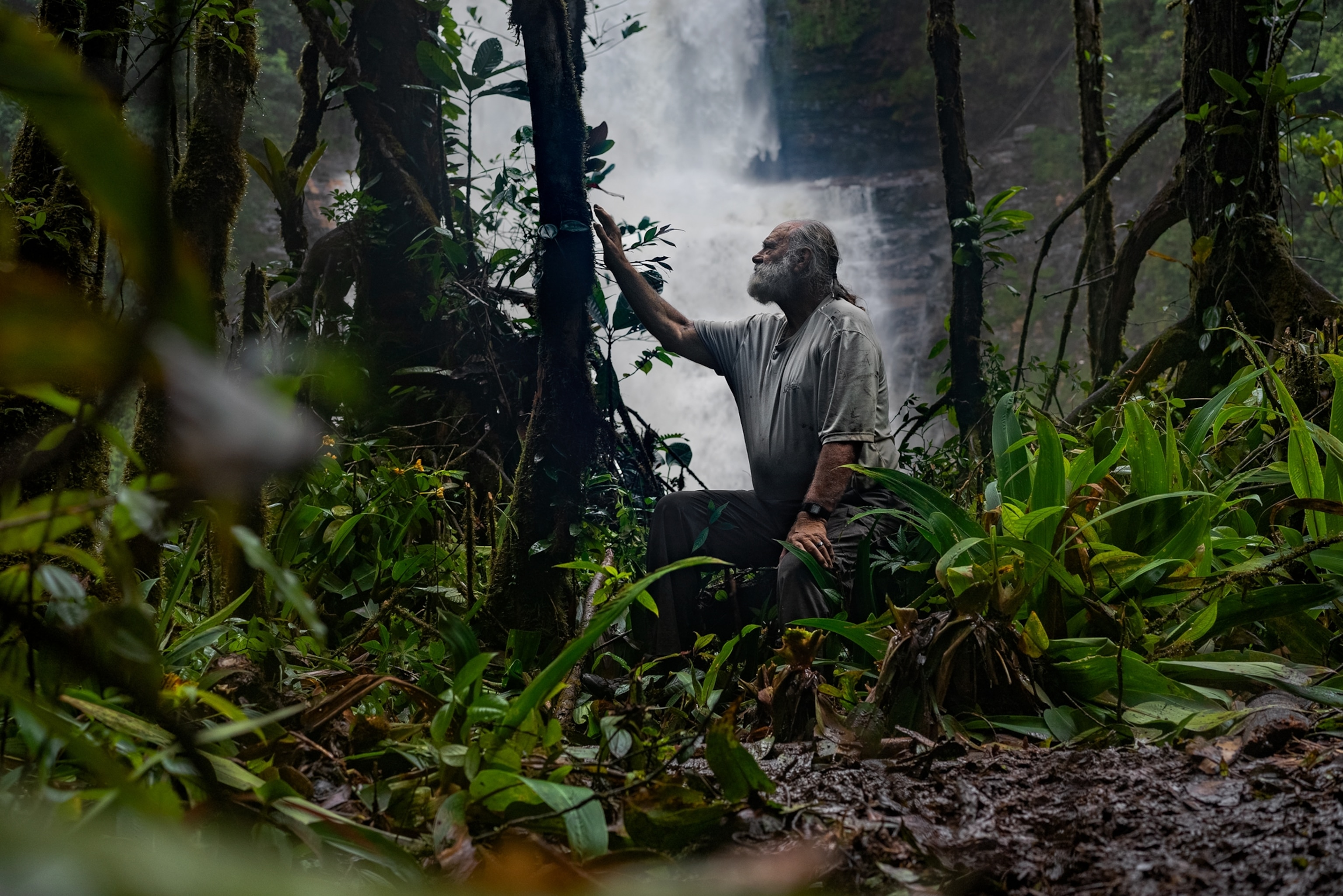 Picture of man with gray pony-tail reaching tree trunk with his hand. Waterfall on background.