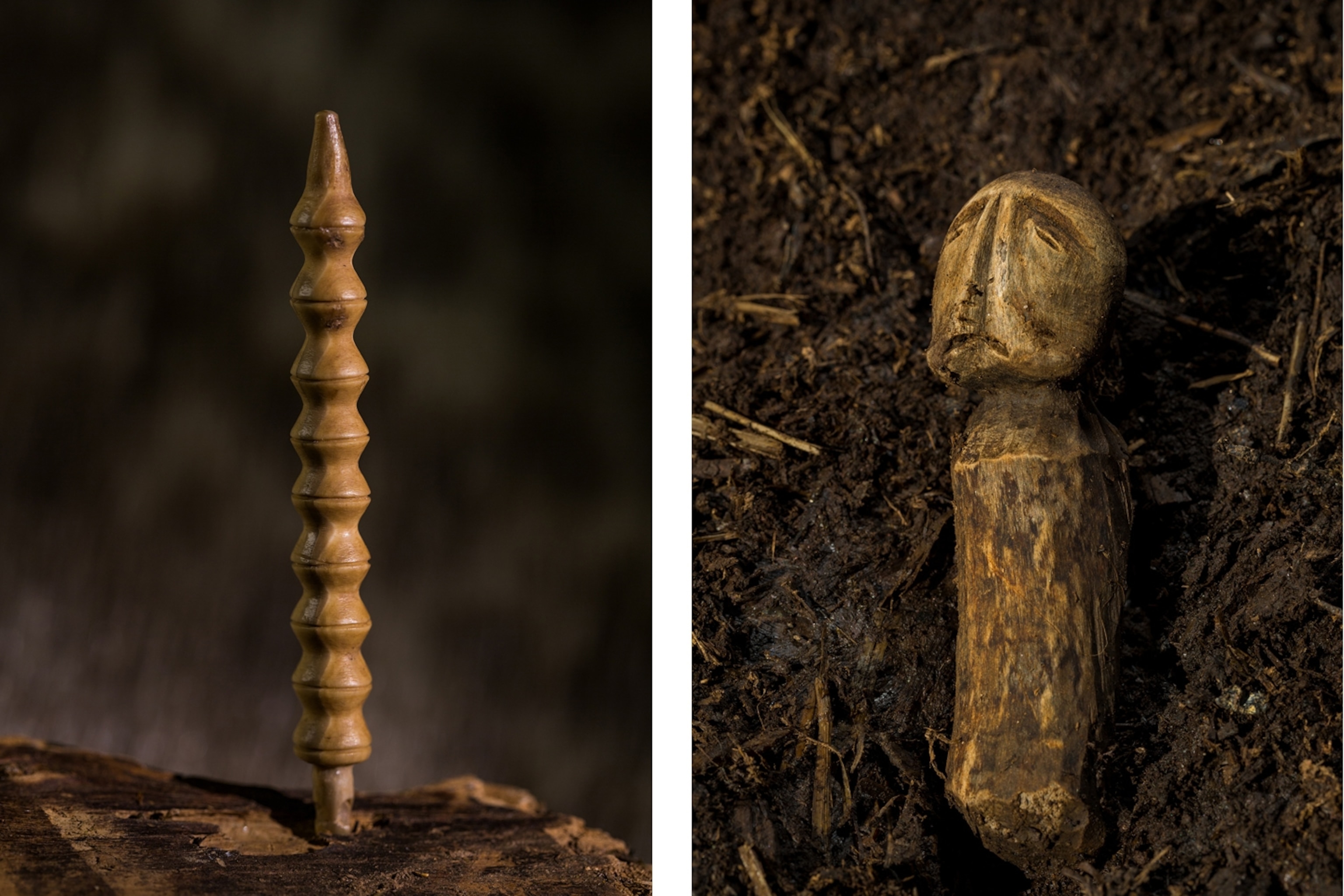an artifact and wooden figurine