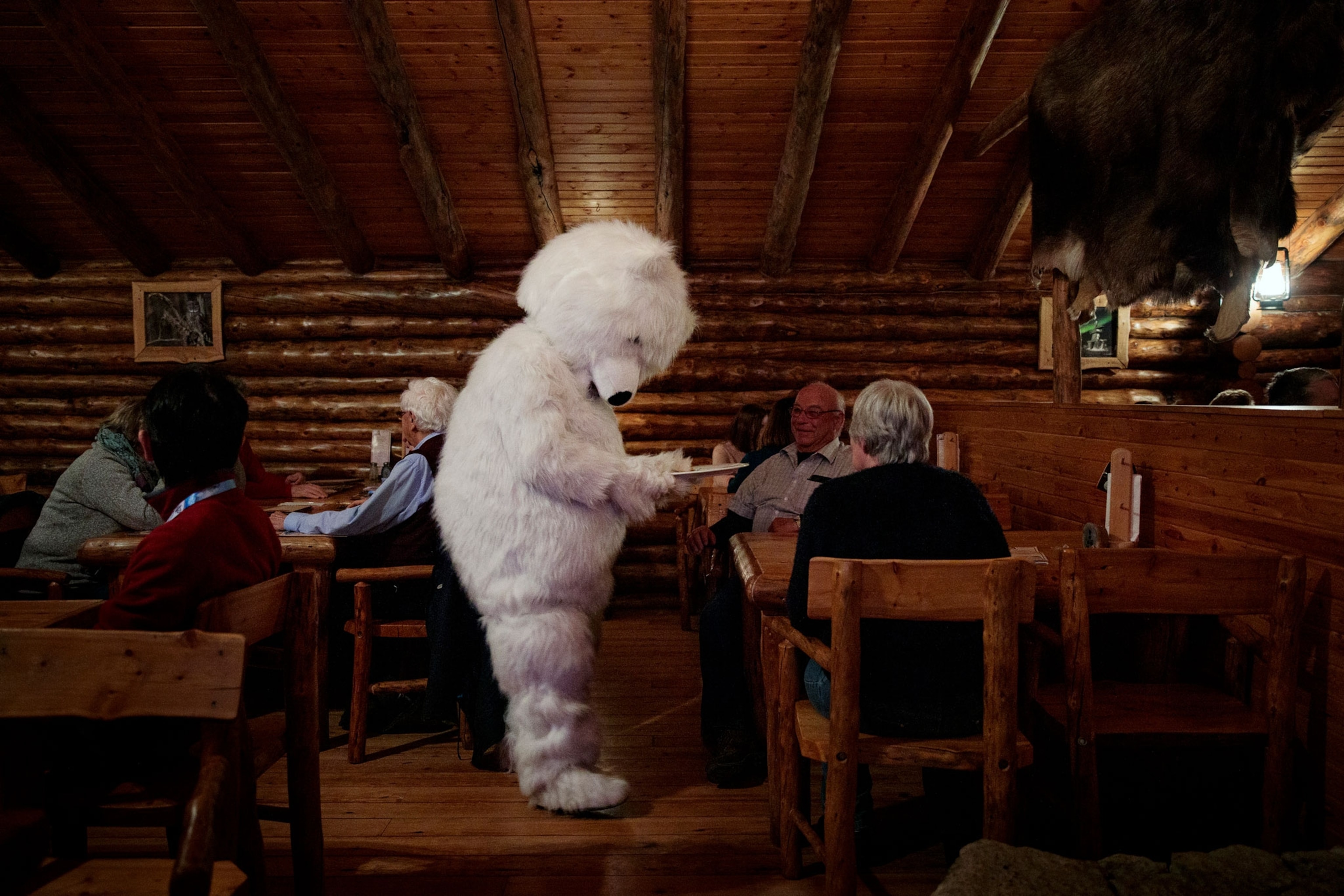 a person in a polar bear costume in a lodge