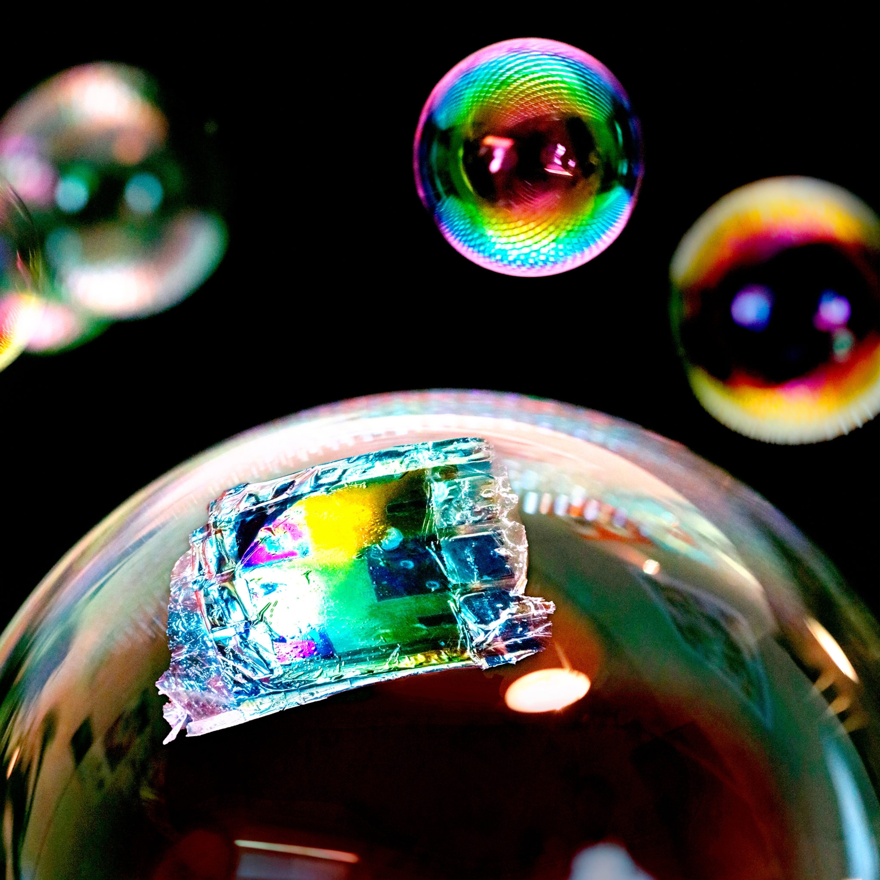 Picture of several soap bubbles with a patch on one of them.
