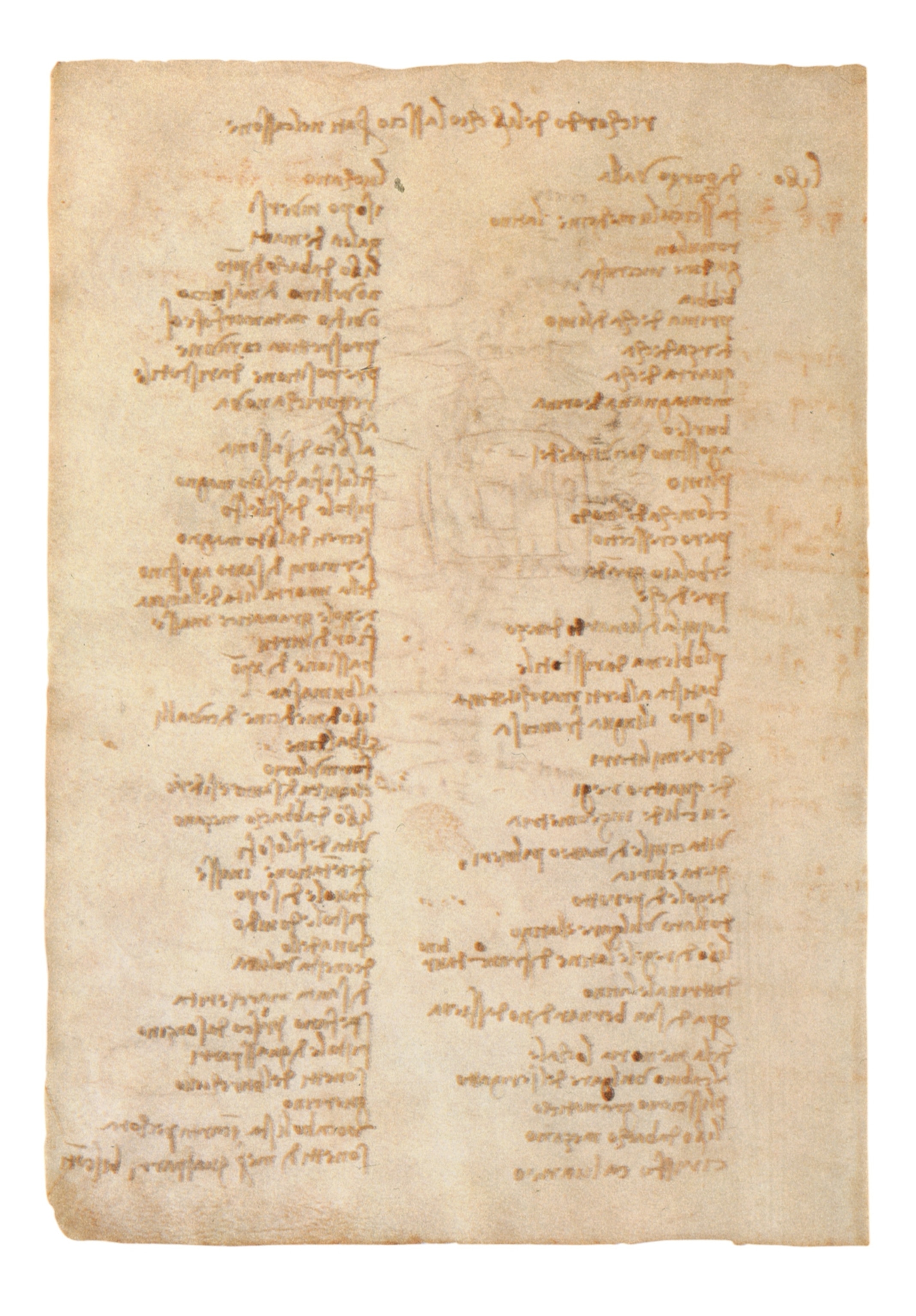 Two columns of titles in Leonardo’s hand, in his characteristic mirror script, list the holdings of his private library.