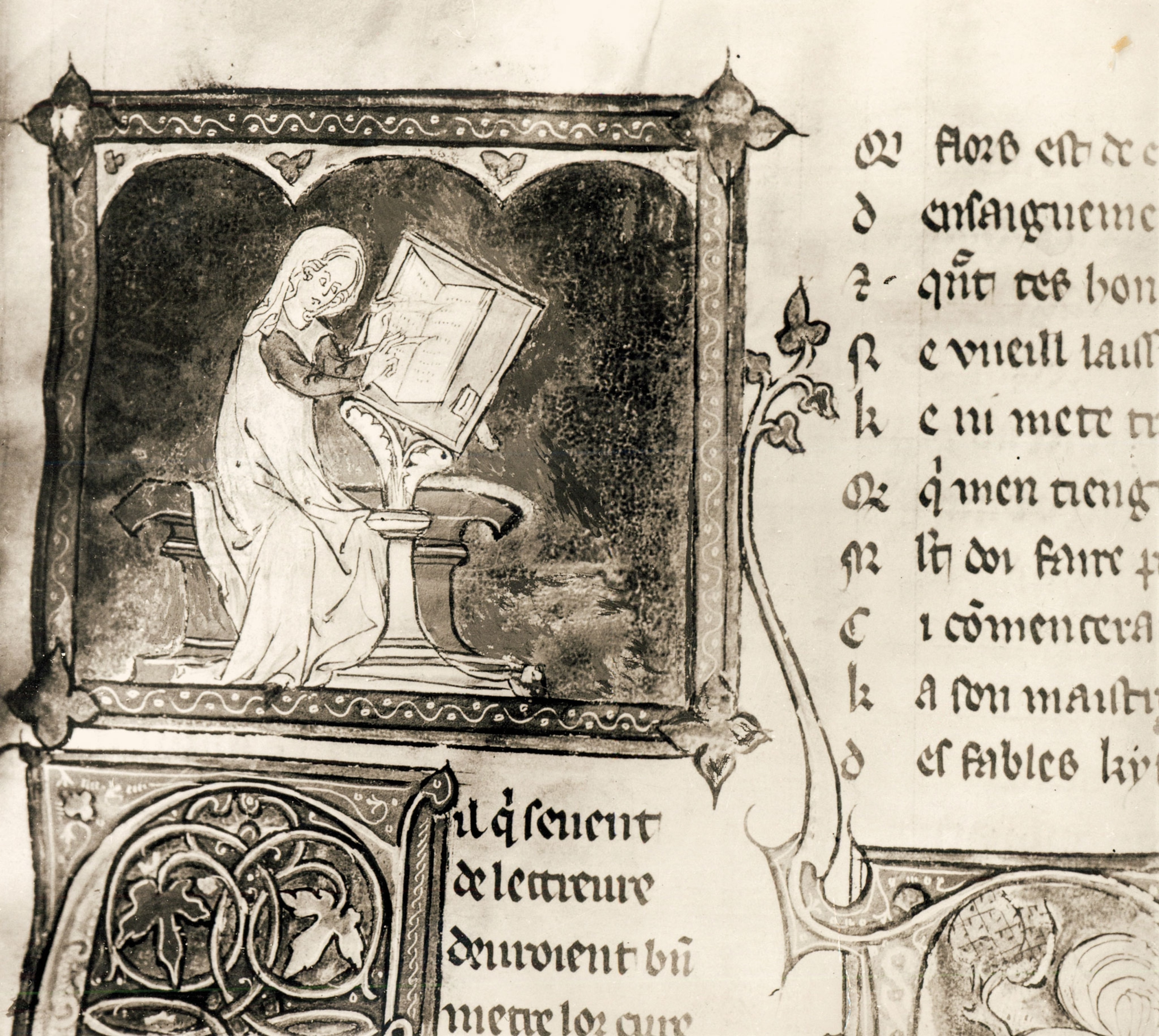 A black and white drawing of Marie of France writing