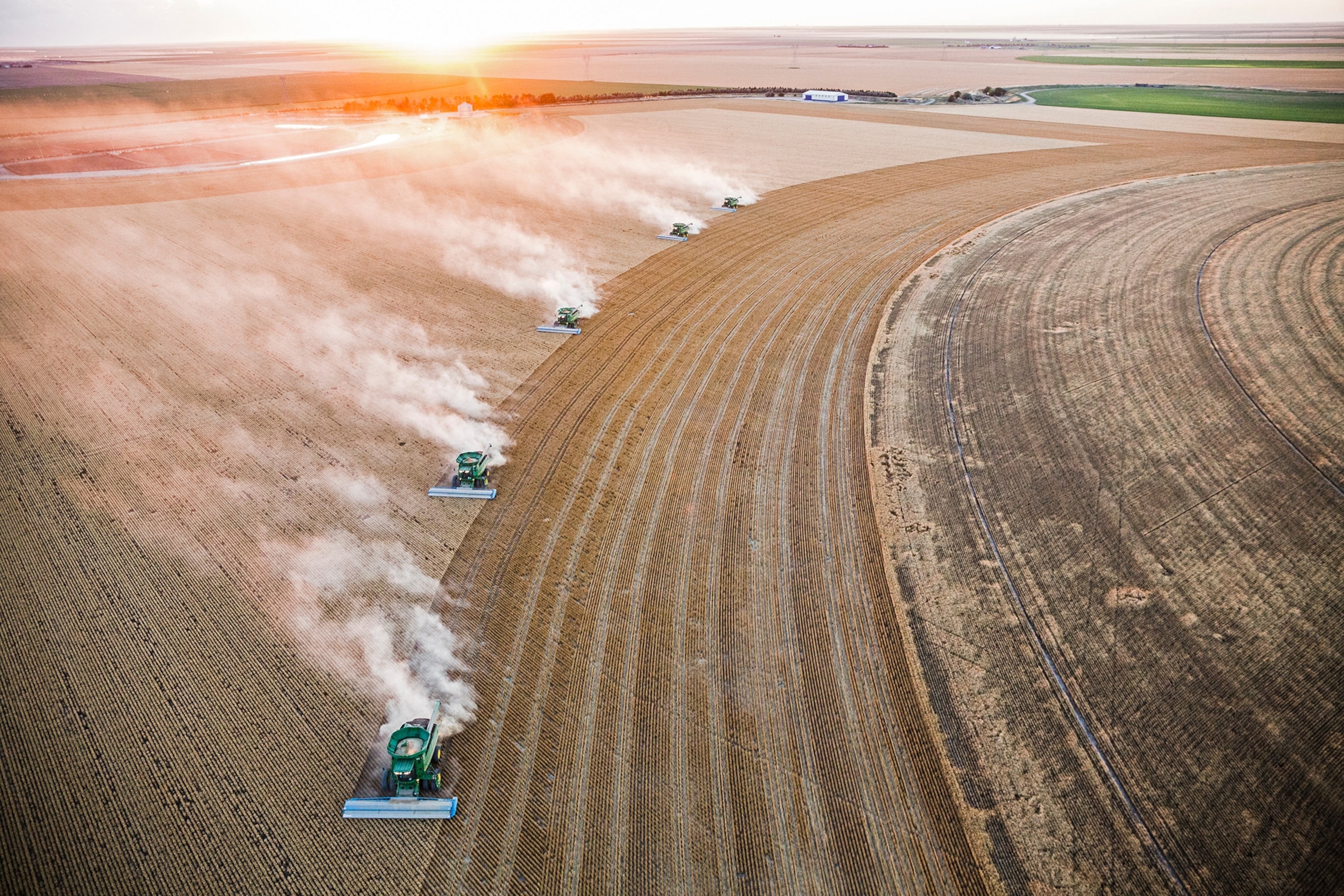 tractors harvesting wheat on farm in Scott City, Kansas