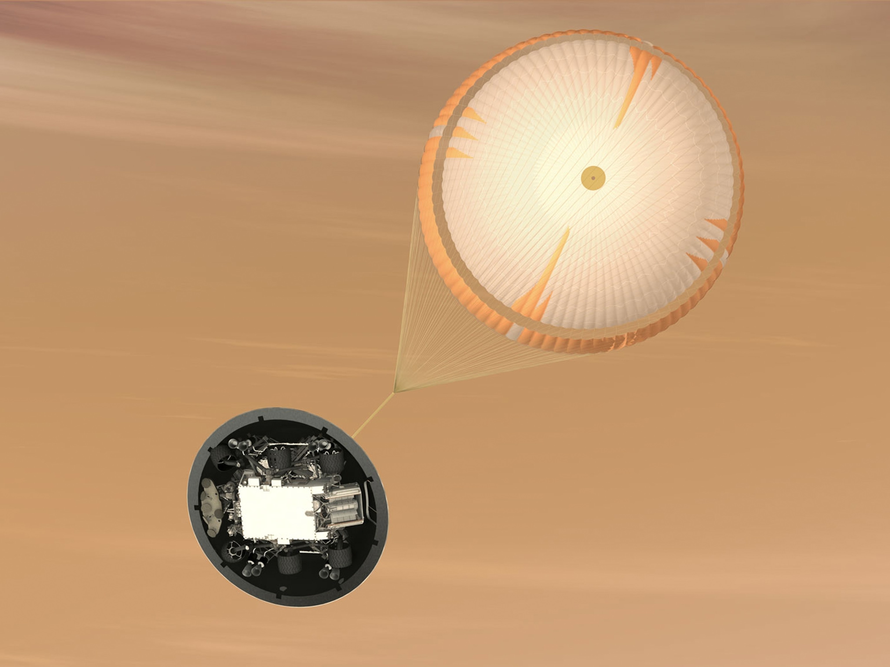 Mars rover landing picture: NASA's Curiosity (Mars Science Laboratory) suspended from parachute