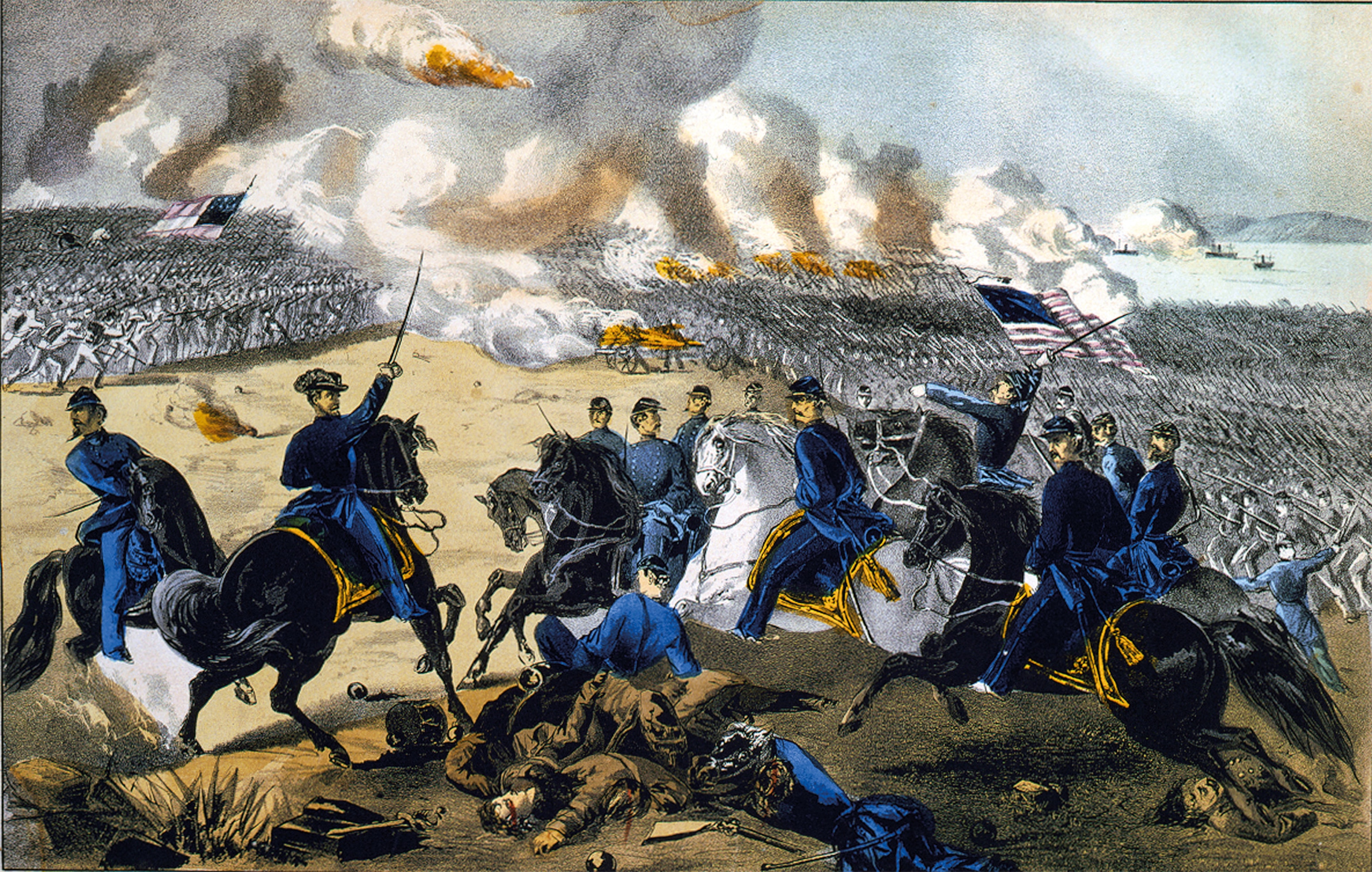 A Currier & Ives print depicts General Grant to the left personally commanding Union forces on the battlefield at Shiloh on April 7, 1862.