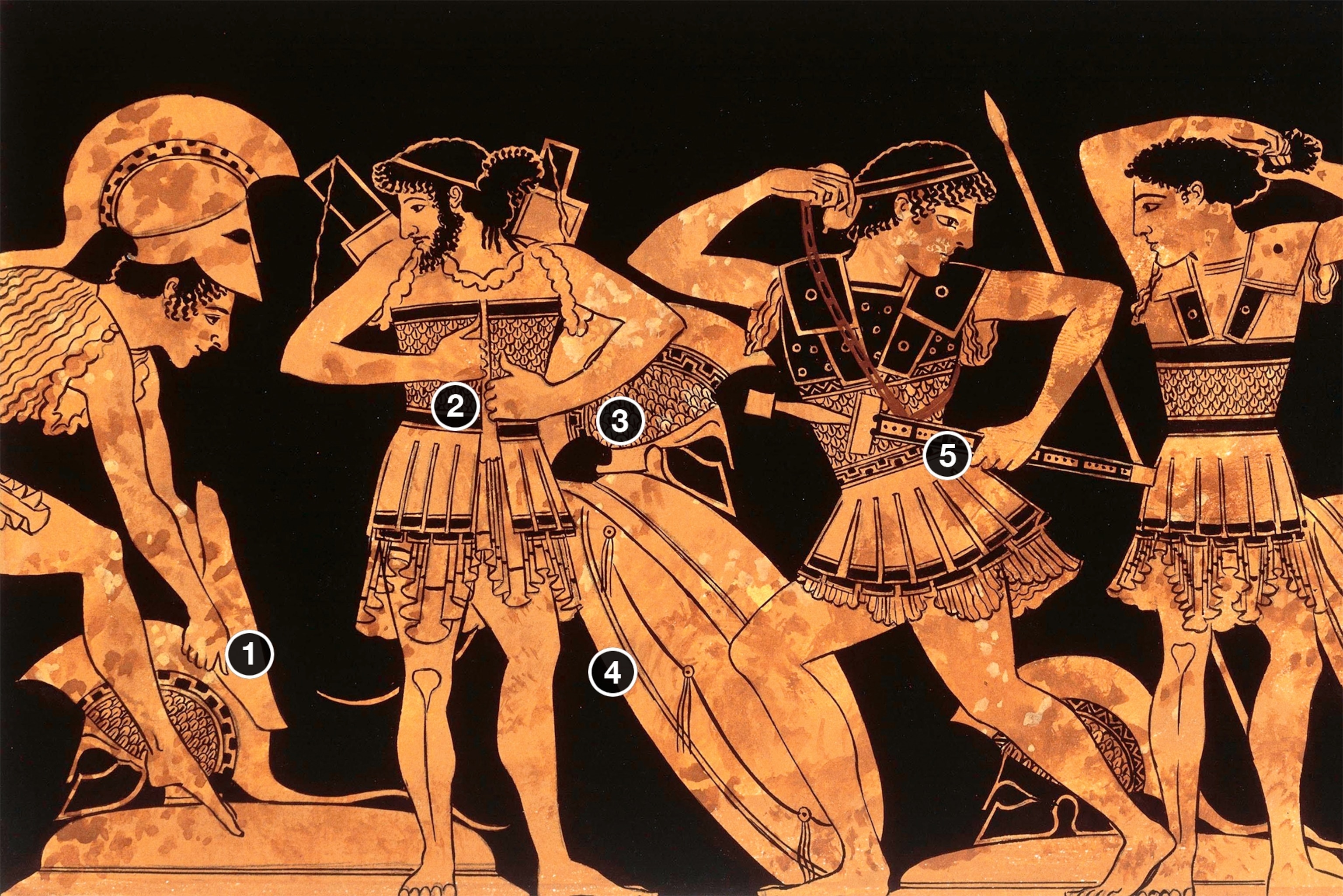 hoplites dressing for battle depicted on an Athenian cup