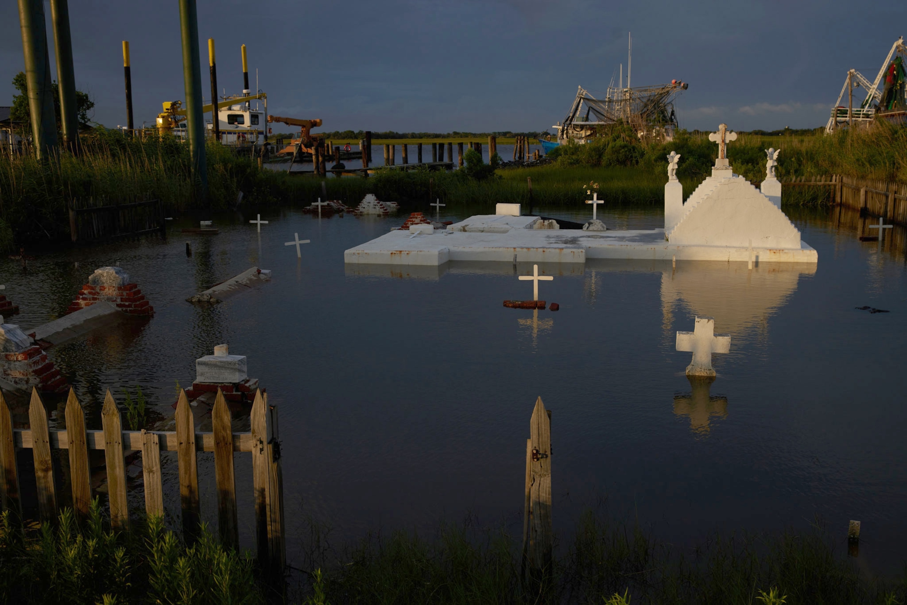 Flooded cemetery in Leeville, Louisiana